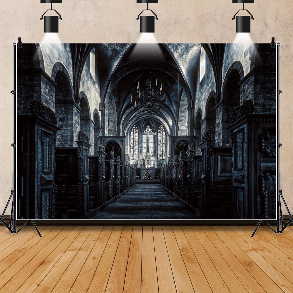 ChloropLastid 12x8ft Scary Church Halloween Backdrop Dark Black Horror Gothic Medieval Castle Interior Photography Background Halloween Night Carnival Theme Party Decor Banner Photo Studio Props