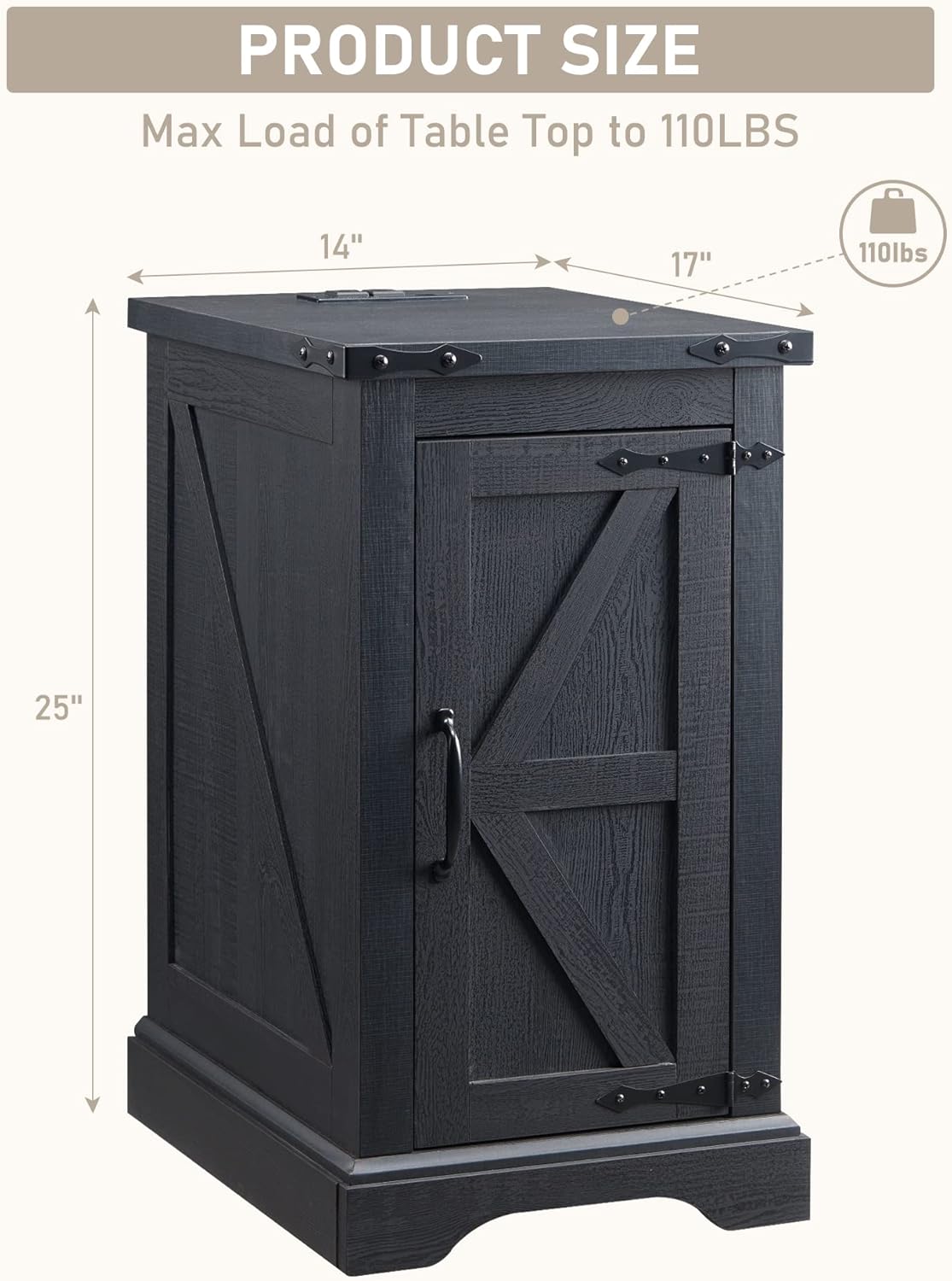 JXQTLINGMU Nightstand with Charging Station, Rectangular Farmhouse End Table with Barn Door and Adjustable Storage Shelf, 17" Deep Wood Rustic Sofa Side Table for Living Room, Bedroom, Black