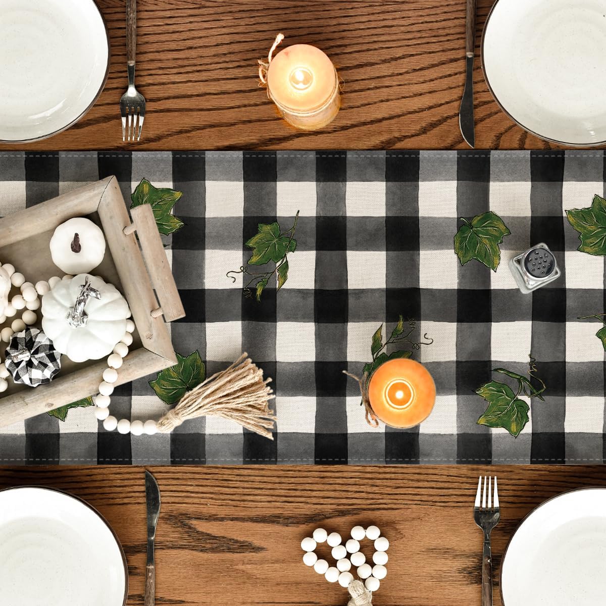 Artoid Mode Buffalo Plaid Bowknot Pumpkin Thankful Fall Table Runner, Autumn Thanksgiving Kitchen Dining Table Decoration for Home Party Decor 13x120 Inch