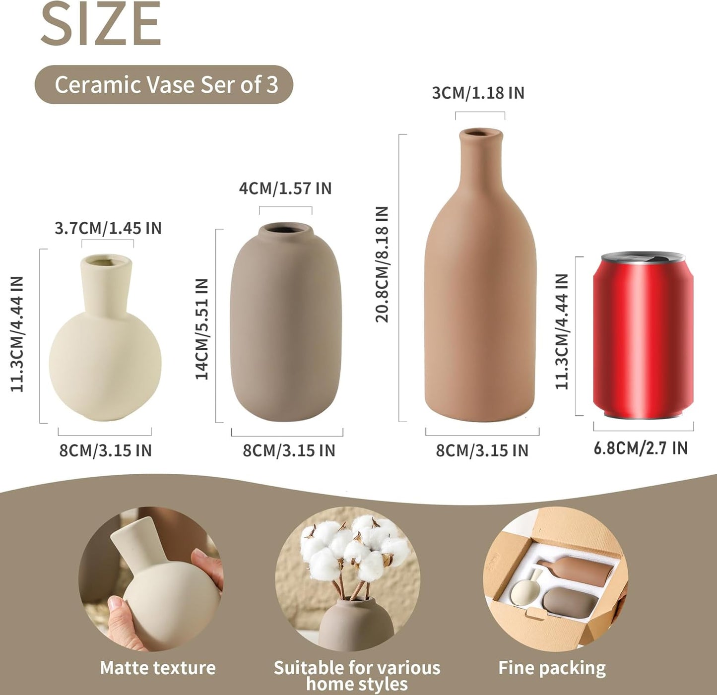 Ceramic Vases Set of 3, Modern Neutral Rustic Farmhouse Home Decor Pottery Pampas Decoration for Living Room, Table, Bathroom, Bedroom, Entryway - Brown