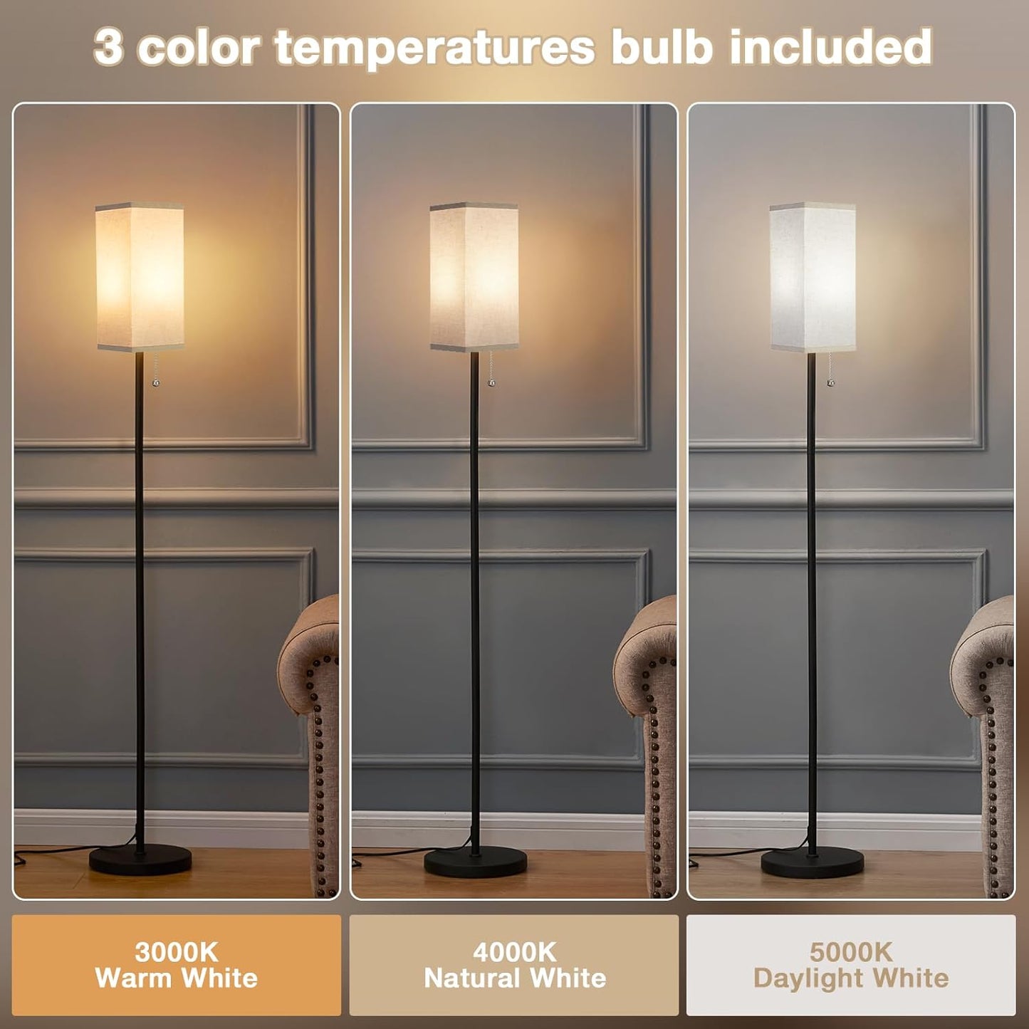 Ambimall Floor Lamp with 3 Color Temperatures Bulb & Pull Chain Switch, 64" Standing lamp, Beige Square Shade & Black Pole