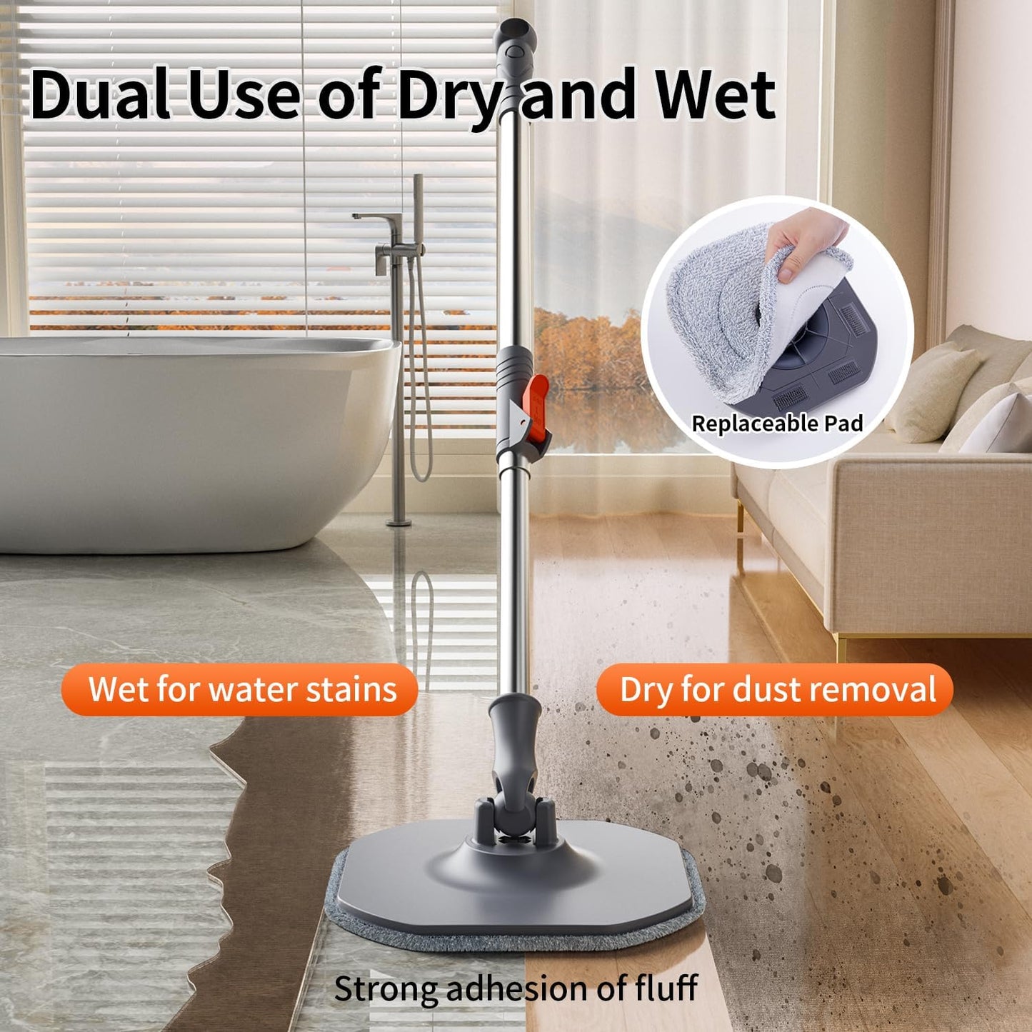 Spin Mop and Bucket Set with Separate Dirty and Clean Water,360° Self Cleaning Mop and Bucket System with Widened Foldable Handle,2 Replaceable Mop Pads,Square Mops for Floor Tile Marble Wall Cleaning