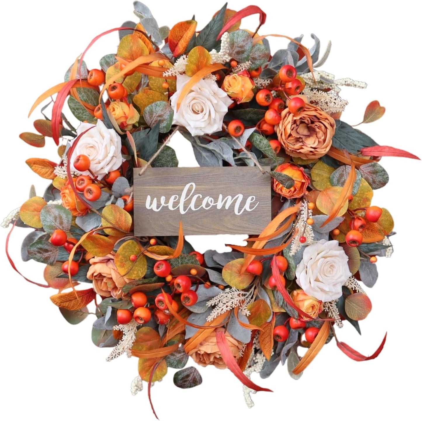 Fall Wreath for Front Door, 24 Inch Autumn Wreath with lamb's Ear Leaves, Roses, Berries & Wooden Sign,Fall Decorations for Home, Artificial Flowers Harvest and Thanksgiving Indoor & Outdoor