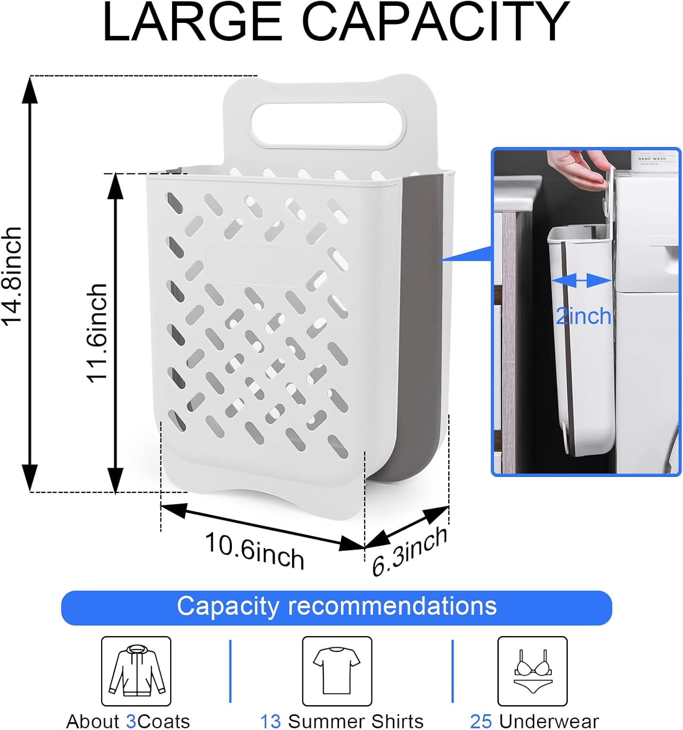 Laundry Basket Hamper,Hanging Wall Collapsible Laundry with Handle,Space-Saving Foldable Storage Dirty Washer Organizer Bin Multi-function Container Waterproof Durable,Set of 2(XL&M)