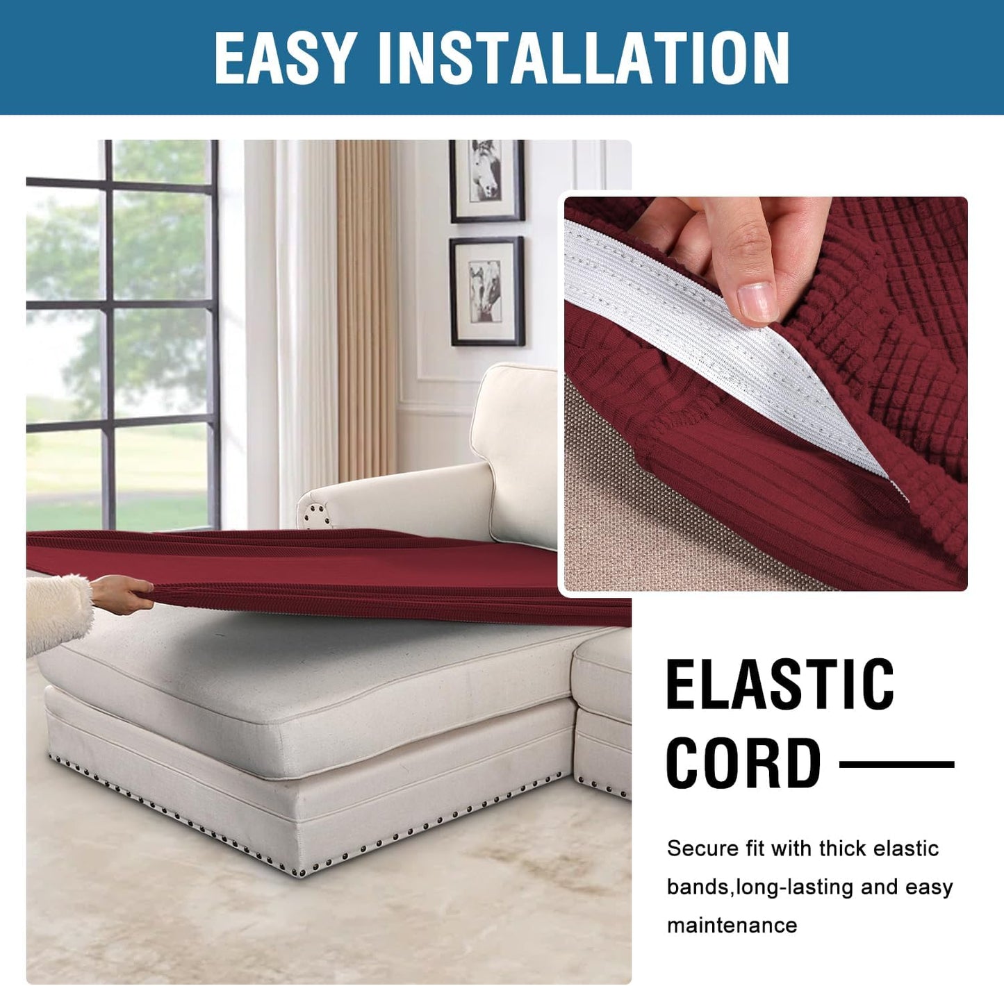 H.VERSAILTEX Super Stretch Individual Chaise Cover Sectional Couch Covers for L Shaped Sofa Both Left/Right Featuring Thick Jacquard Textured Twill Fabric (1 Piece Chaise Cover, Burgundy Red)