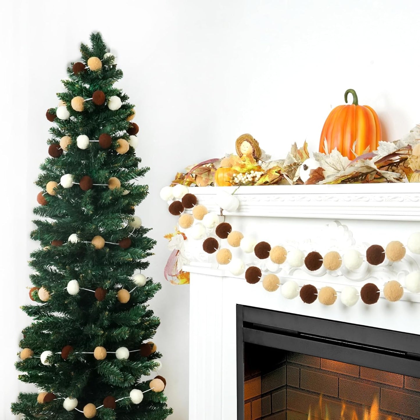 TBD Decor 2pk Pom Pom Garland 13FT Colorful Large Felt Ball Garland Fall Decoration for Mantle,Indoor Holiday Wedding Birthday Party Supplies(White Brown,4cm)