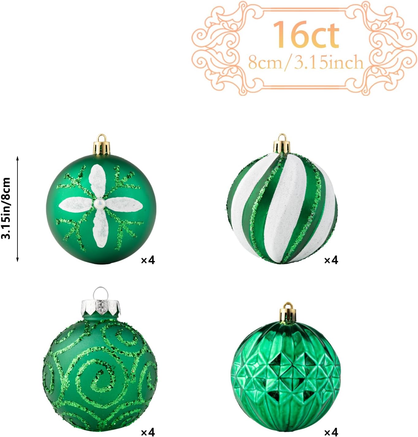 16Pcs Christmas Ball Ornaments Set, 3.15" Shatterproof Christmas Ornaments, Luxury Glitter Hanging Ornaments for Xmas Tree, Xmas Holiday, Party, Wedding (Green)