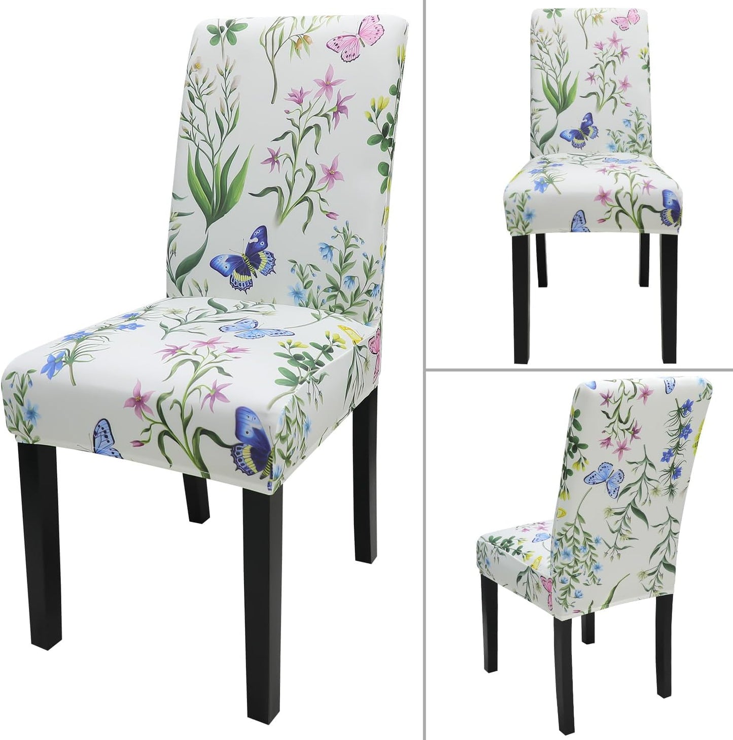 JQinHome Pattern Chair Covers for Dining Room Set of 4, High Stretch Removable Washable Parsons Chair Slipcover for Home Party Hotel Wedding Ceremony (Flowering Butterflies,4PCS)