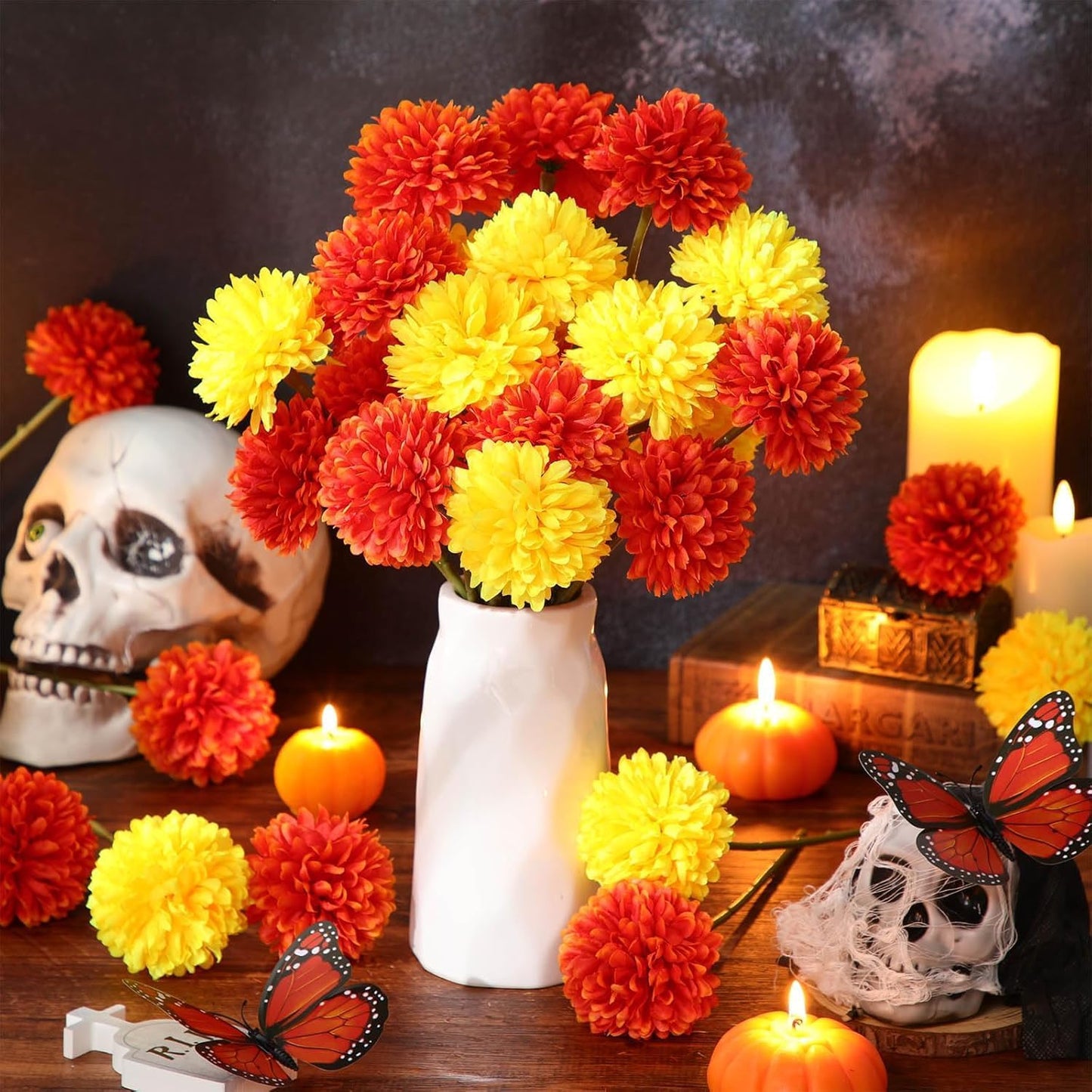 Kimura's Cabin 20Pcs Fake Silk Ball Flowers Artificial Chrysanthemum Faux Mums Bouquets Wedding Arrangements Halloween Home Table DIY Center Decoration (Orange Yellow)