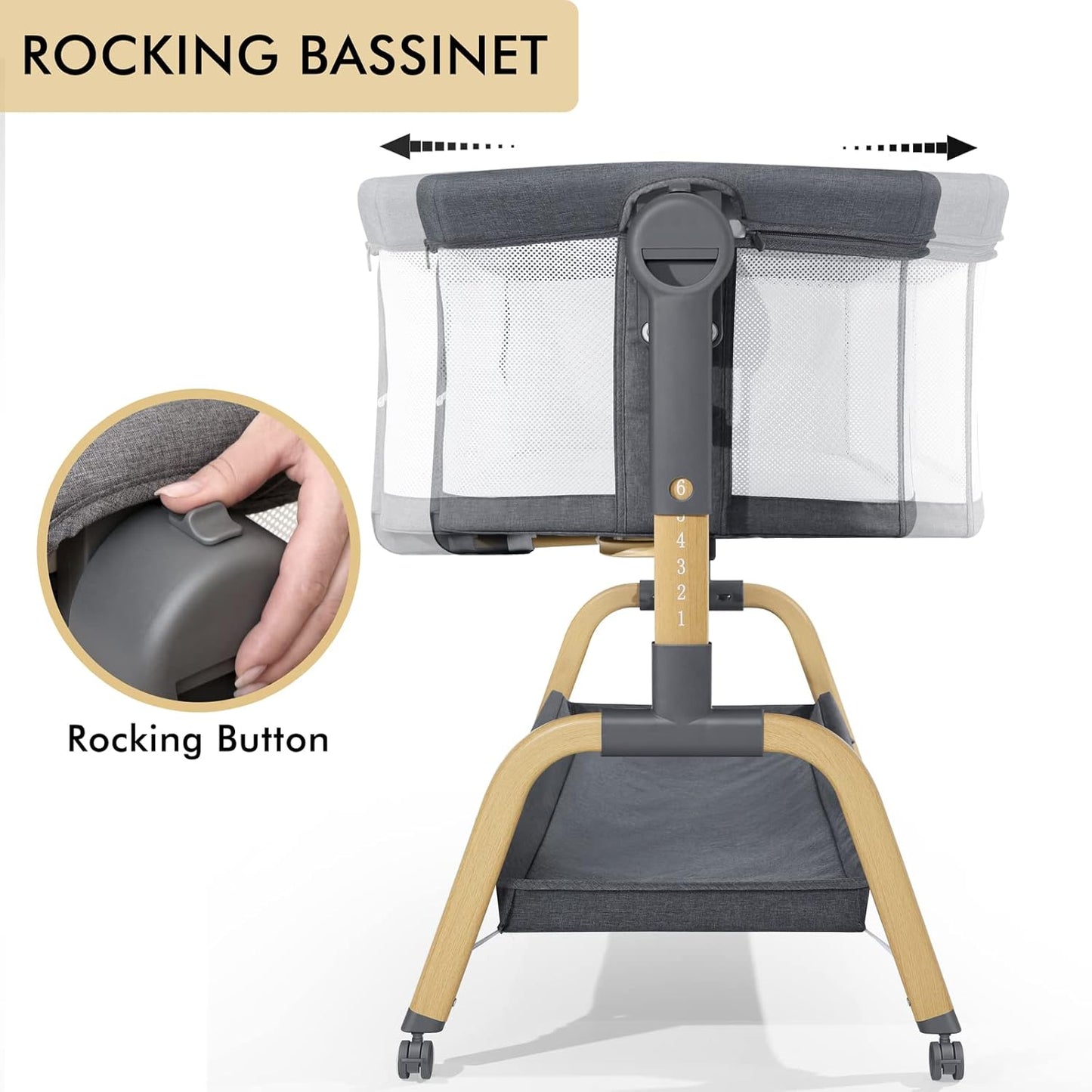 3 in 1 Baby Bassinet, Bedside Bassinet for Baby, Rocking Bassinet with Comfy Mattress and Wheels, 6 Height Adjustable Easy Folding Portable Bedside Crib for Newborn