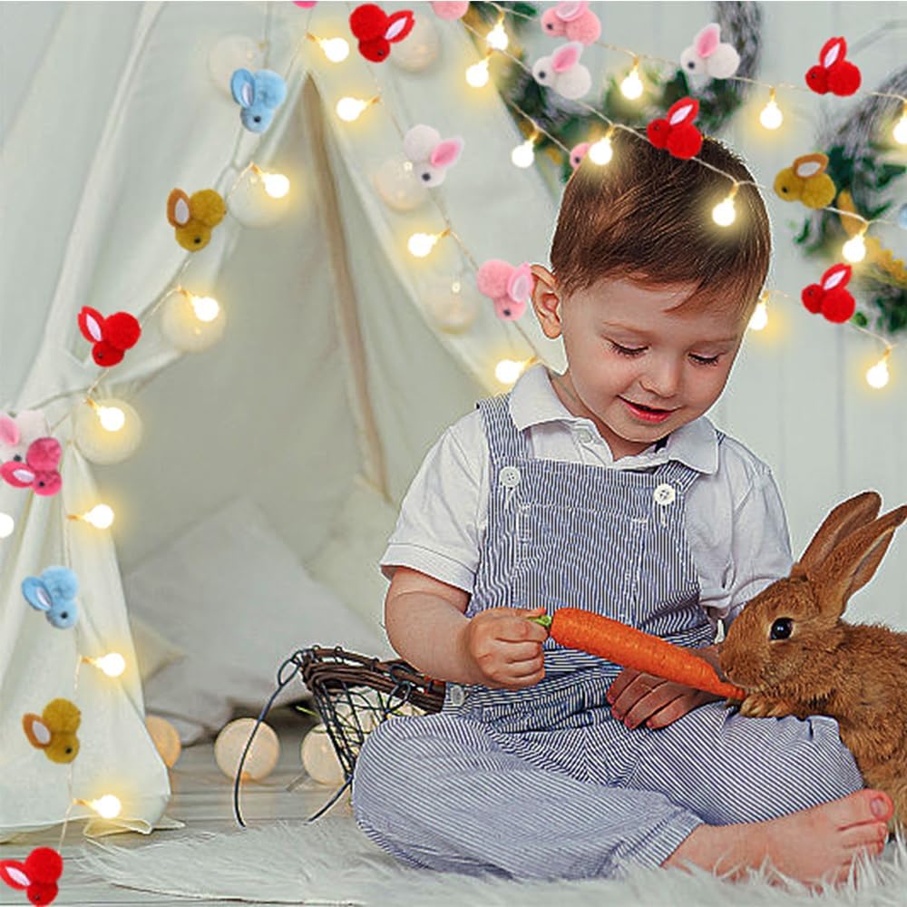 9.85Ft Easter Decor String Lights with Timer 20 Rabbit Shaped Pompoms 20 Ball LED Garland Battery Operated Easter Decorations Bunny Lights for Home Party Kids Room Bedroom Birthday Wedding Indoor