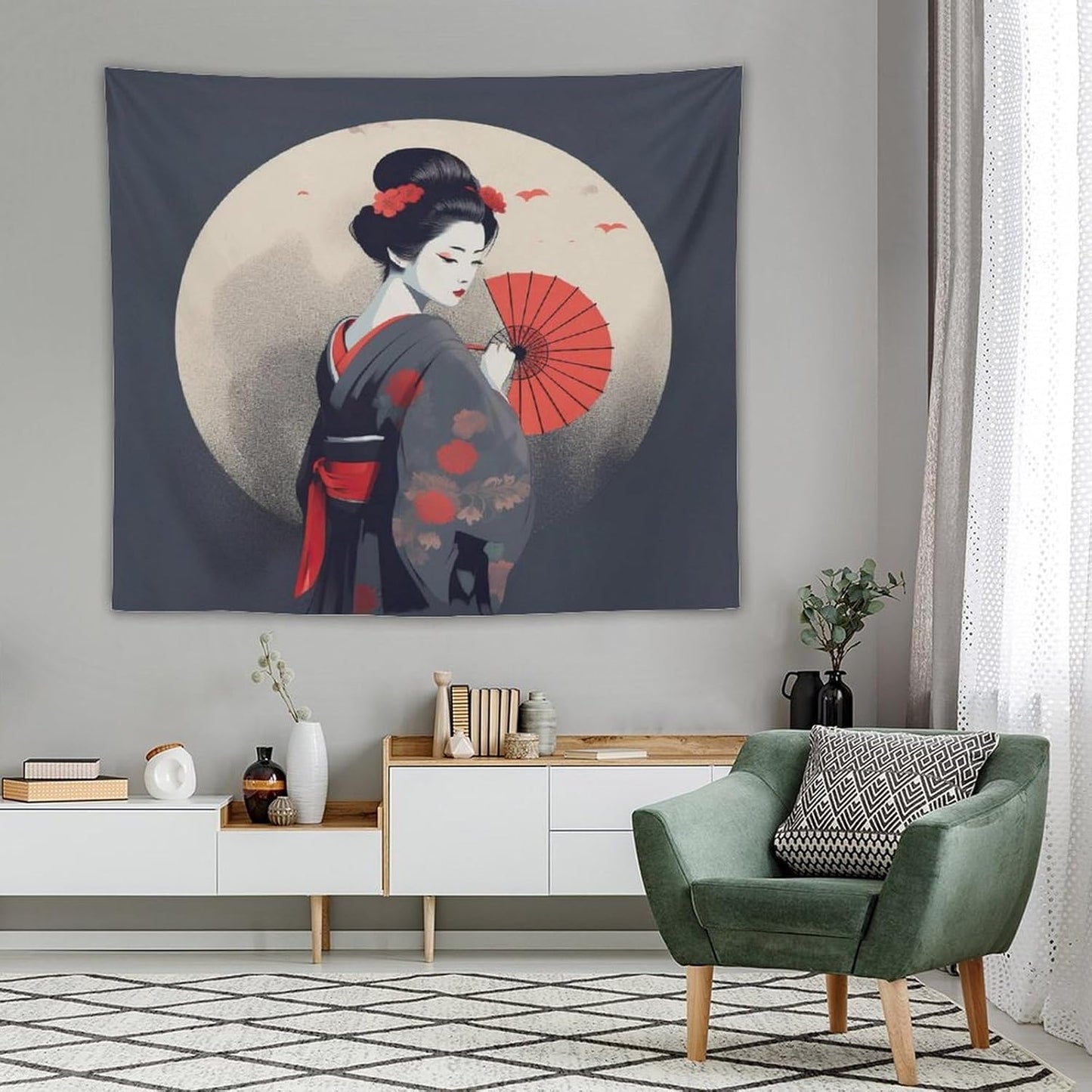 Japanese Woman Geisha Tapestry Asian Red Cherry Blossom Red Sun Traditional Kimono Folk Tapestries Home Decor for Living Room Bedroom Apartment Farmhouse Dorm 60"x50"