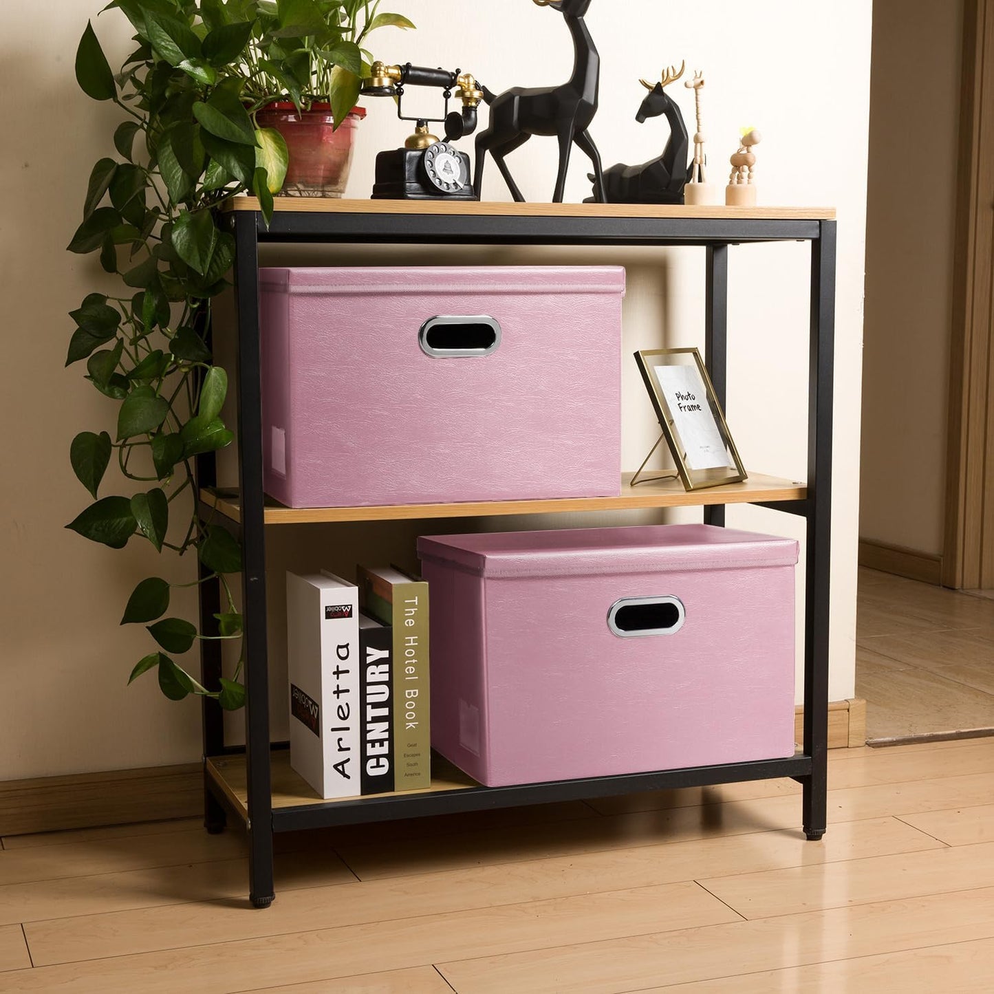 PRANDOM Large Stackable Storage Bins with Lids [5-Pack] Leather Fabric Foldable Storage Boxes Organizer Containers Baskets Cube with Cover for Bedroom Closet Office Nursery Pink (17.7x11.8x11.8)