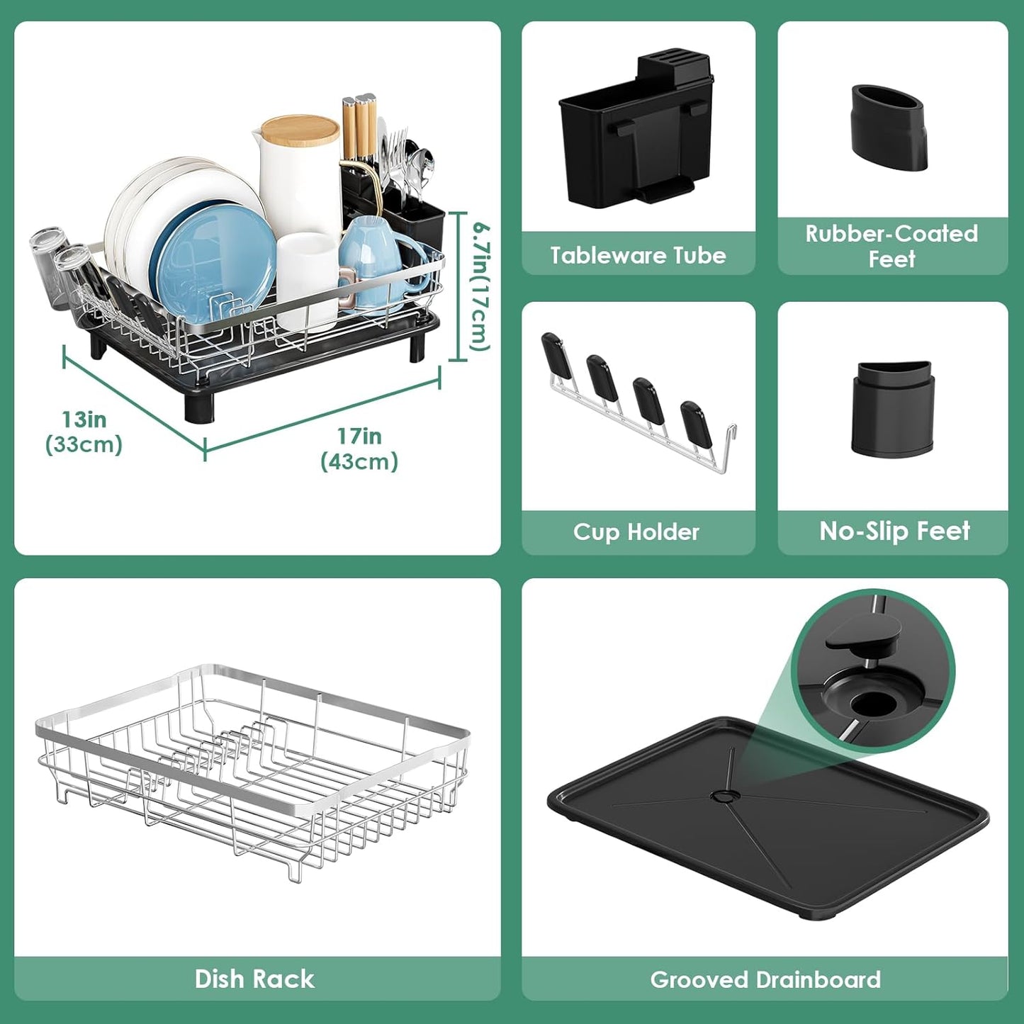 MOUKABAL Dish Drying Rack - Stainless Steel Dish Rack, Dish Racks for Kitchen Counter, Drying Rack Kitchen with Removable Utensil Holder, Drainboard and Glass Organizer (Black)