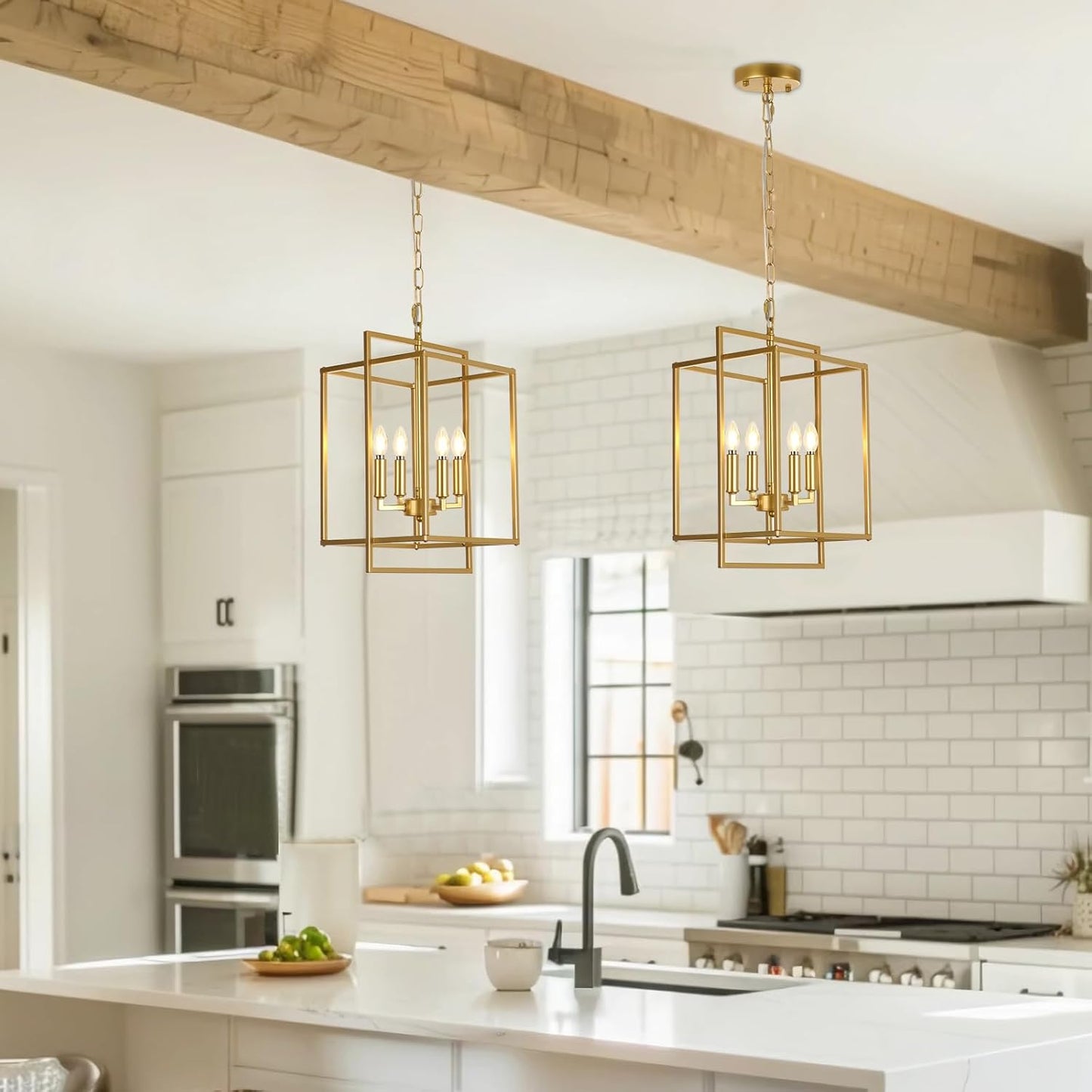 Farmhouse Gold Chandelier, 4-Light Vintage Chandeliers for Dining Room, Adjustable Modern Rustic Metal Hanging Pendant Light Fixture for Entryway Foyer Kitchen Island Hallway