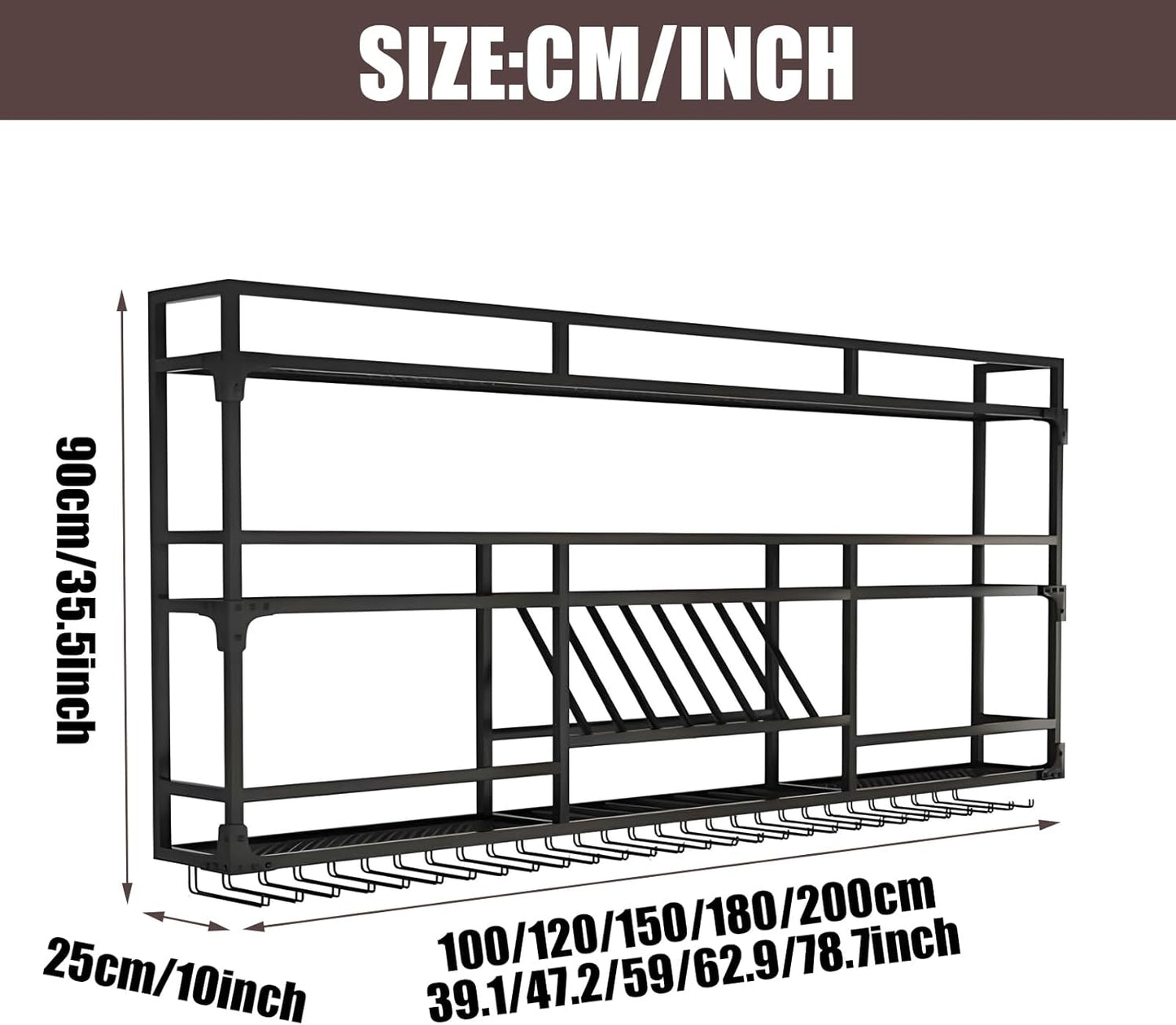 39.1in Wall Mounted Wine Rack, Wine Rack Wall Mounted With Wine Glass Rack, Metal Bar Bottle Display Shelf Wine Cups Hanging Holder, For Home Bar Cafe Dining Room Decoration (BLACK, 39.1*10*35.5inch)