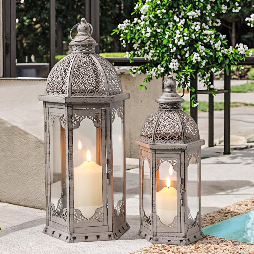 JHY DESIGN Set of 2 Decorative Candle Lanterns 22"&17" H Vintage Metal Candle Holder for Garden Indoor Outdoor Parties Weddings Patio Home Decor(Grey with Black Brush)