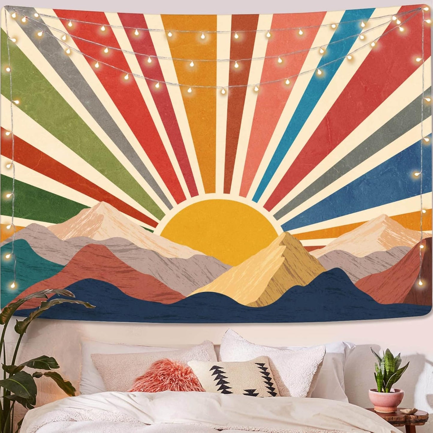 Aipon Vintage Sun Tapestry for Classroom Rainbow Boho 70s Sunshine Sunset Tapestries Wall Hanging Aesthetic Retro Tapestrys for Living Room Dorm (Yellow, 48'' × 36'')