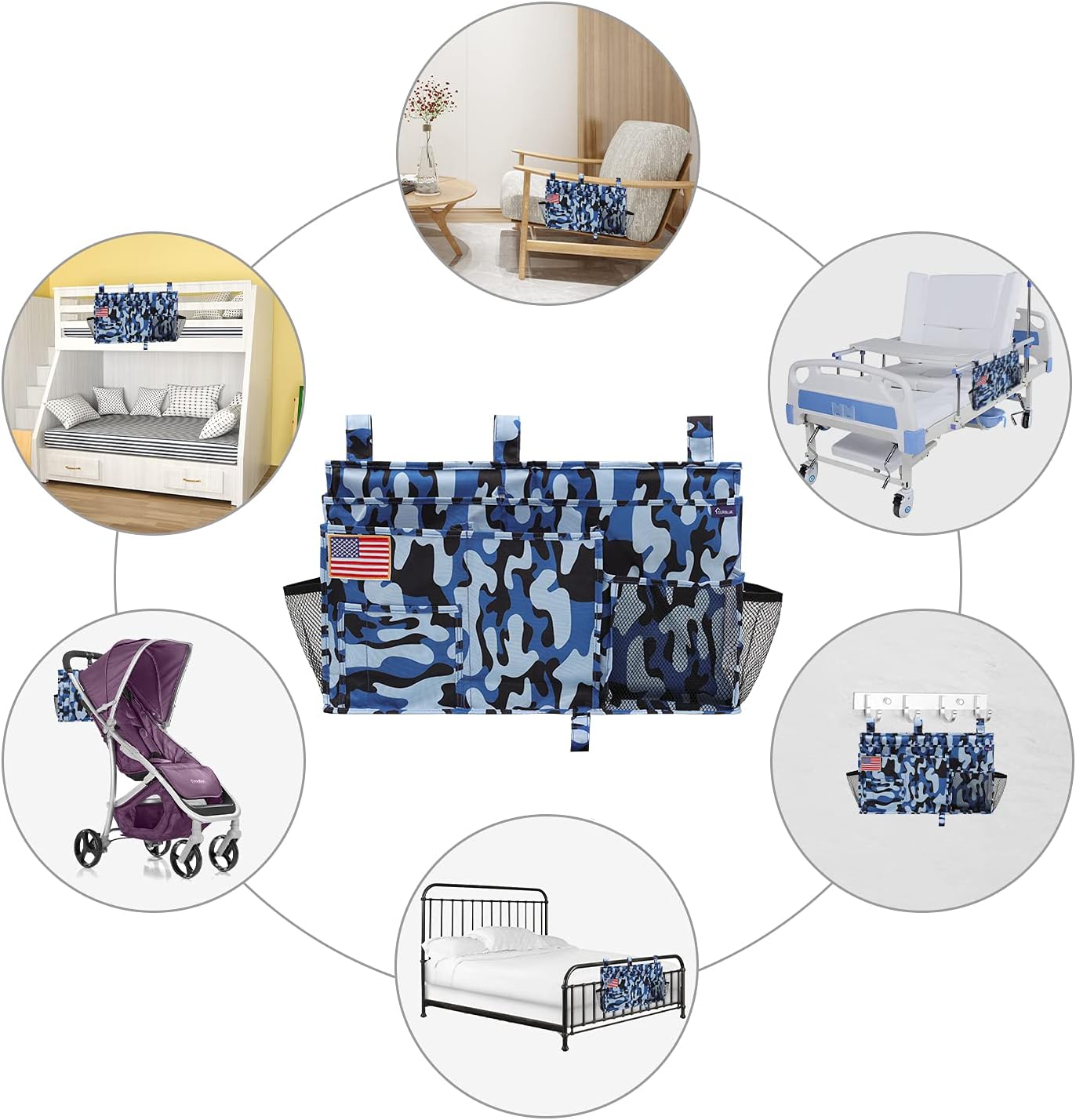 Surblue Bedside Caddy Hanging Organizer Storage Bag Pocket for Bunk, Hospital, College Dorm Rooms, Baby Bed Rails, Camp - 8 Pockets, Large, Ocean