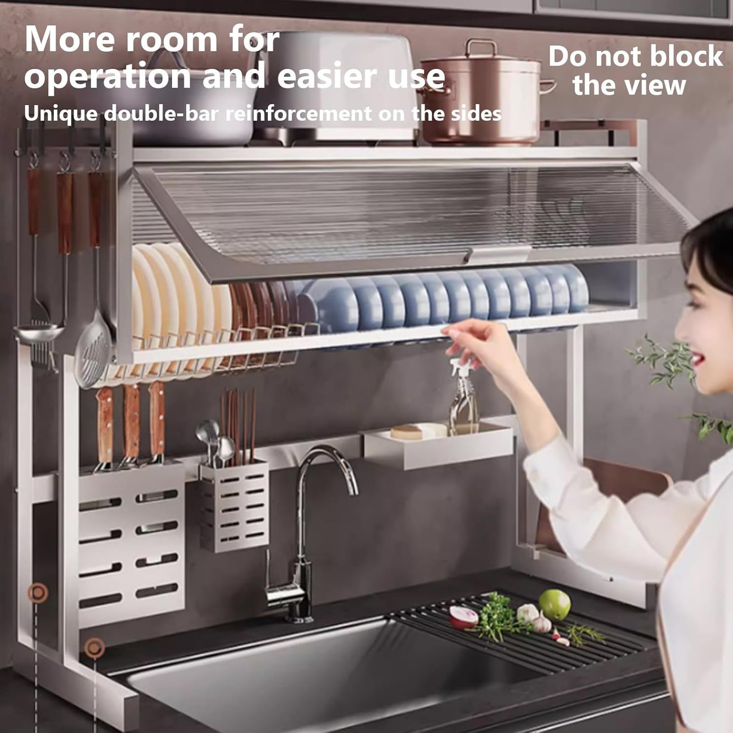 Home Furnishing Dish Rack Over Sink Stainless Steel Over The Sink Dish Drainer Drying Rack Space Kitchen Sink Rack Multifunctional countertop Dish Storage Rack Sink(Metallic,95cm/37.4in)