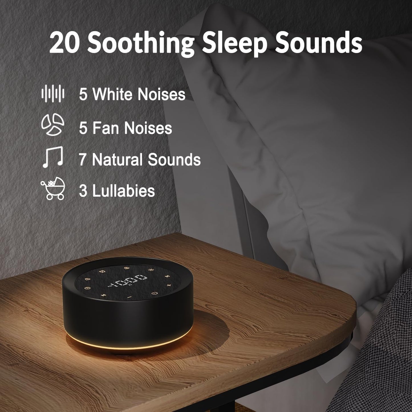 White Noise Sound Machine Alarm Clock 7 Colors Night Light Sound Machine for Adult/Baby 20 Soothing Sounds 31 Level Volume 6 Level Screen Brightness 5 Timer Set Memory Function Touch Control