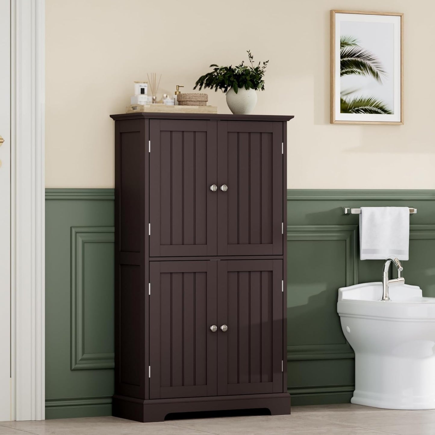 ChooChoo Bathroom Floor Cabinet, Modern Bathroom Storage Cabinet with 4 Doors and Adjustable Shelves, Freestanding Cupboard for Living Room, Espresso