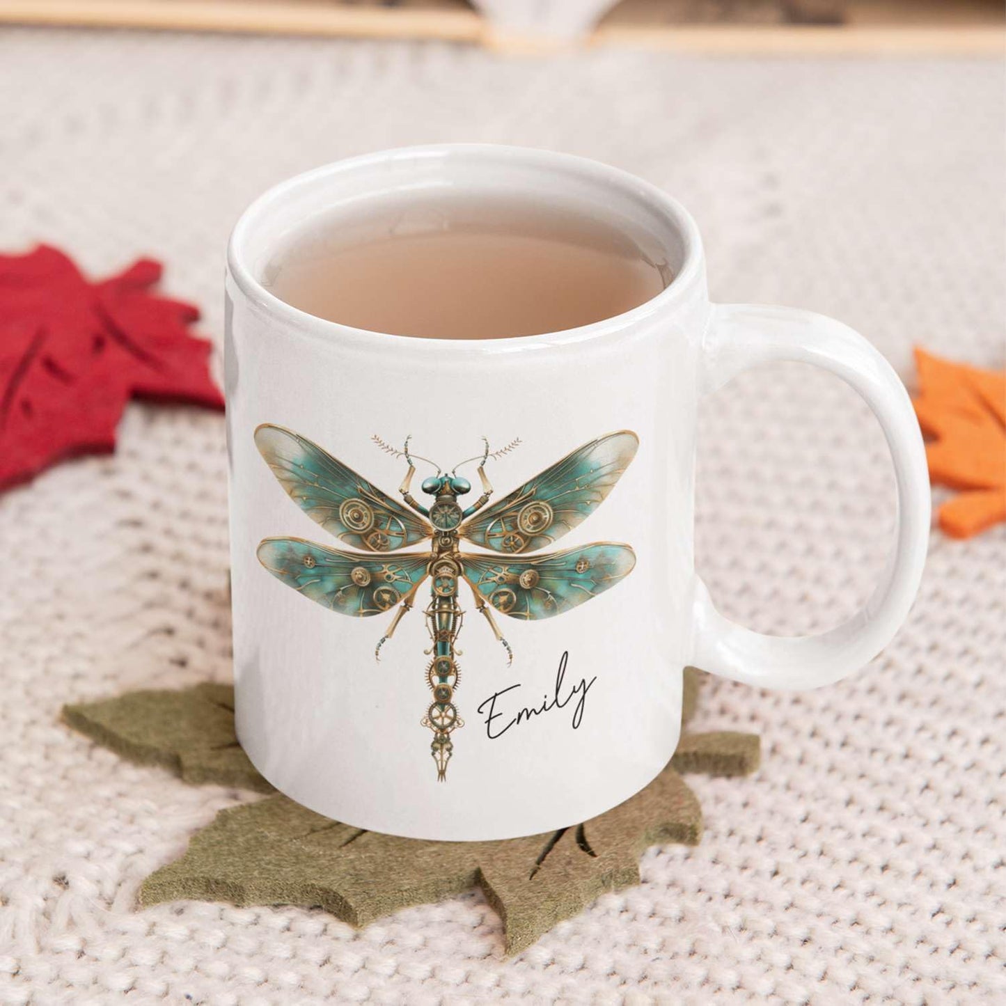 Personalized Steampunk Dragonfly Mug, Customized Name Coffee Cup 11oz, Custom Unique Dragonfly Ceramic Cup, Dragonfly Lovers White Cup, Steampunk Themed Decorative Mug, Kid Cup