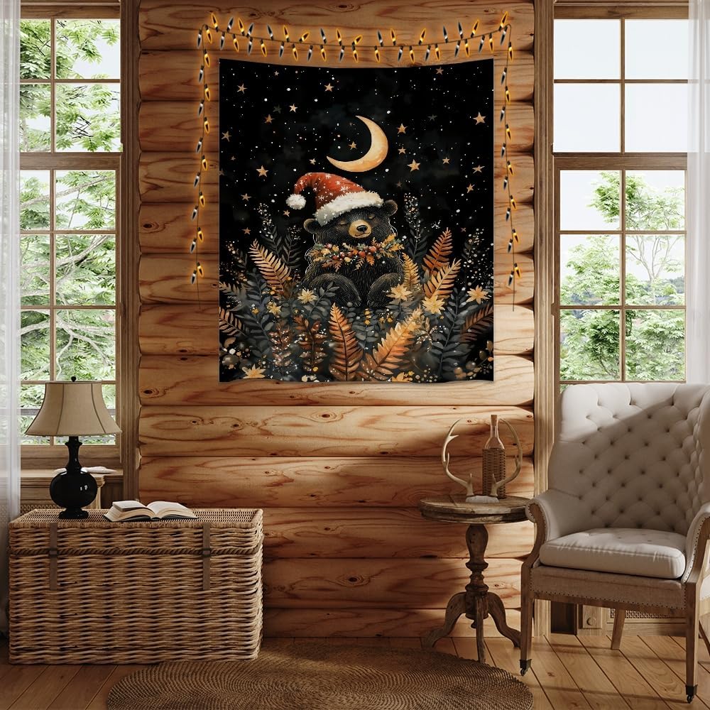 Whimsical Christmas Tapestry Moon Stars Dark Aesthetic Wall Hanging Decor Cute Bear Tapestries for Kids Room Decoration Funny Christmas wall art for Bedroom Dorm Living Room 40x60inch