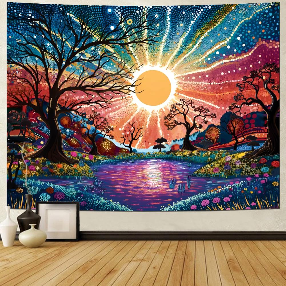 Serborlur Tree of Life Tapestry Trippy Sun Forest Tapestries Colorful Starry Sky Tapestries Hippie Nature Landscape Wall Tapestry Aesthetic Vintage Wall Hanging for Bedroom (59.1" × 78.7")