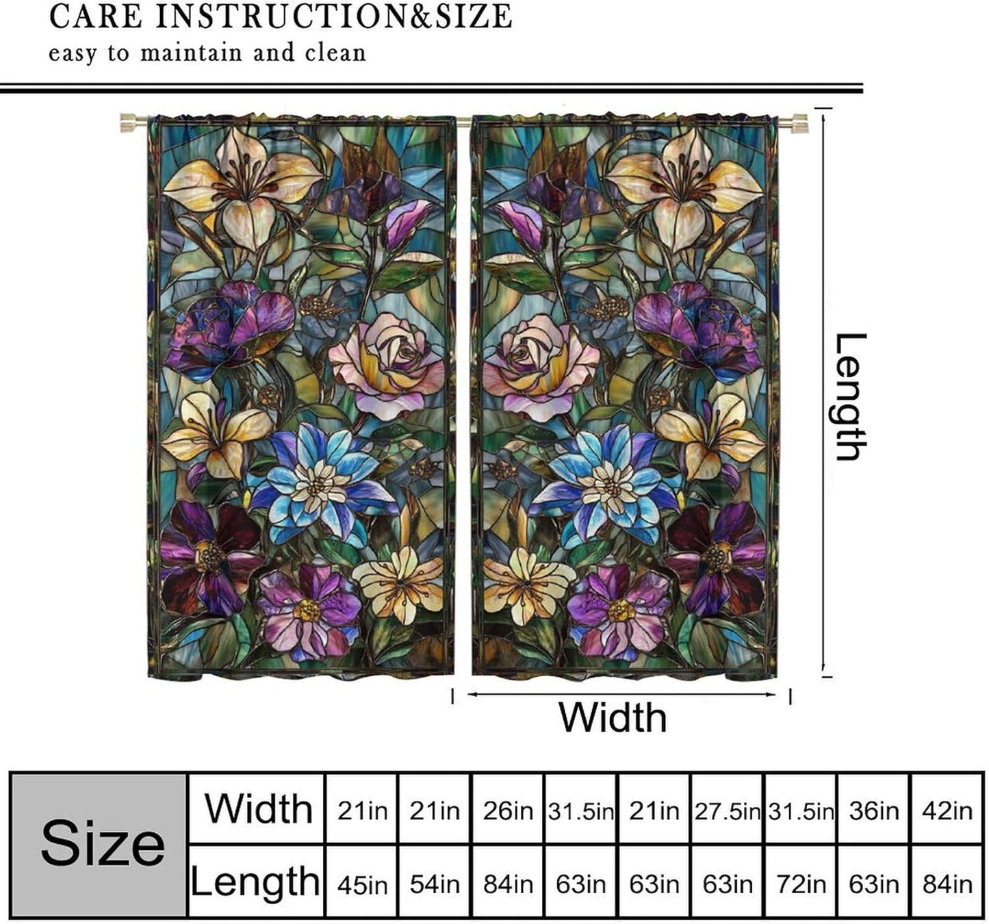 Stained Glass Curtains,Retro Colored Glass Flowers Art Home Decor Drapes for Bedroom Living Room Kitchen Window Treatment 2 Panels Set Total Size 72" W X 63" L Inch