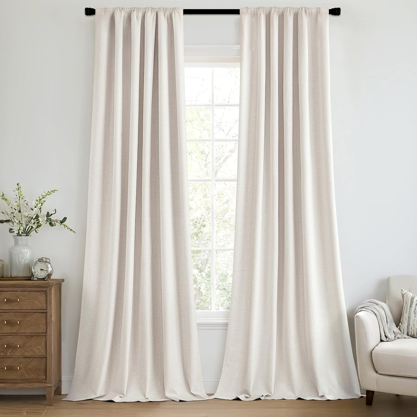 MIULEE 100% Blackout Curtains 84 Inch Long 2 Panels for Bedroom, Thick Luxury Faux Linen Black Out Curtain Room Darkening Back Tab Pleat Window Textured Drapes with Hooks for Living Room, Ivory