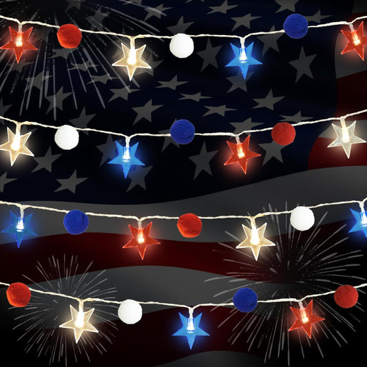 4th of July Decorations 9.85FT Red White and Blue Star String Lights Pom Pom Star Lights Battery Operated with Timer Fairy Lights for Independence Day Memorial Patriotic Fourth of July Decor for Home