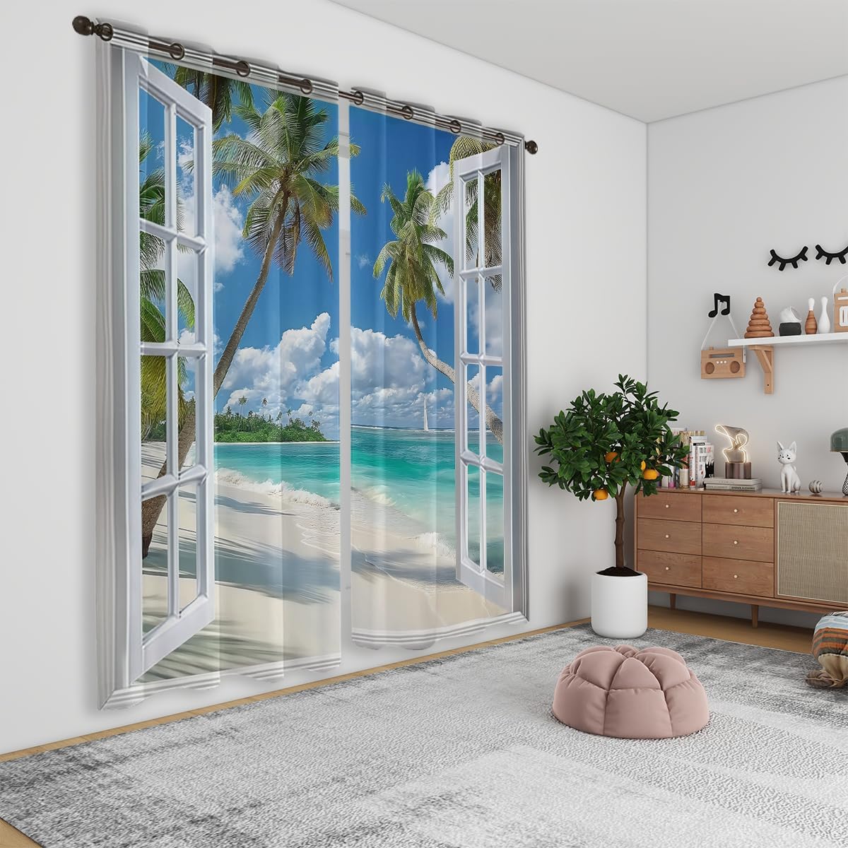 Beach Blackout Curtains for Girls Boys Teens Home Decor, Tropical Summer Scene Ocean Island Palm Tree Grommet Thermal Insulated Drapes Darkening Window Curtain for Bedroom Living Room, 42 x 45 Inch