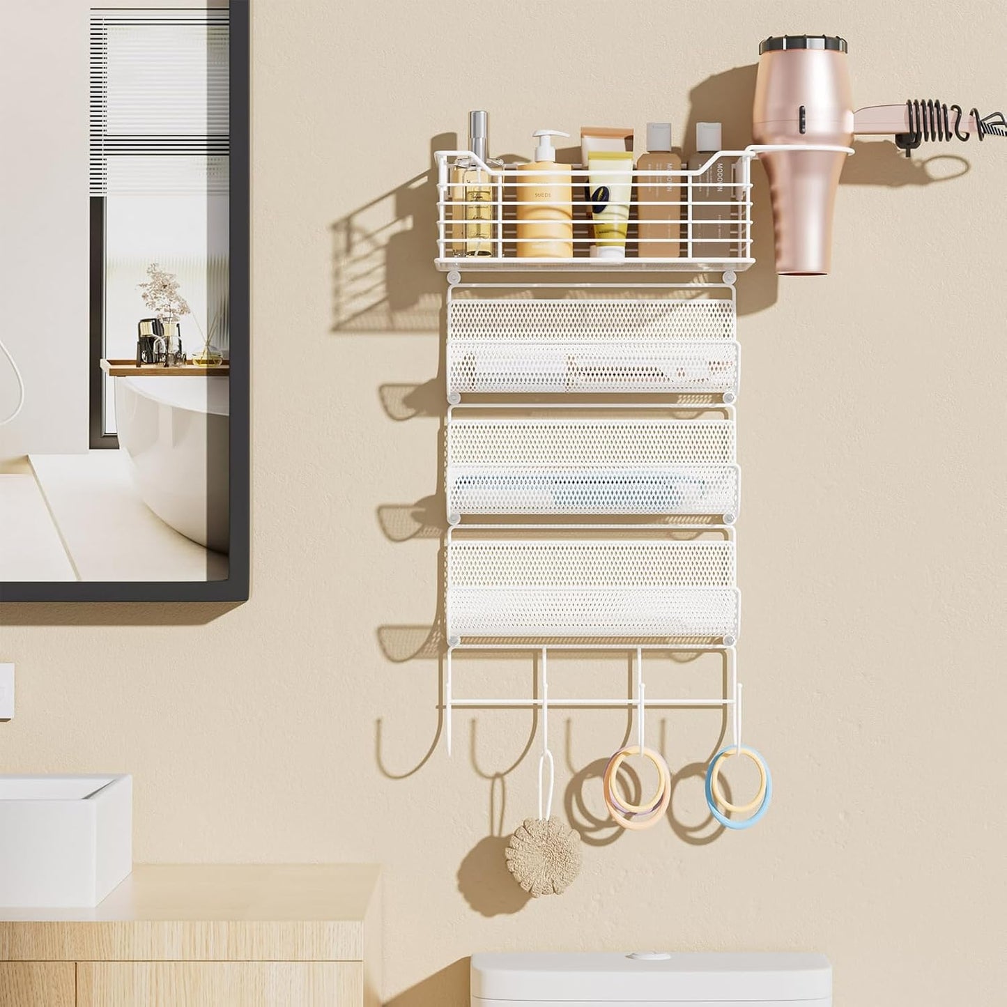 VITVITI Metal Hair Tool Organizer Wall Mount, Hair Dryer Holder with 4 Tier Shelf Basket Hooks, Bathroom Hairs Styling Tool Organizer for Curling Iron/Blow Dryer/Straightener, White