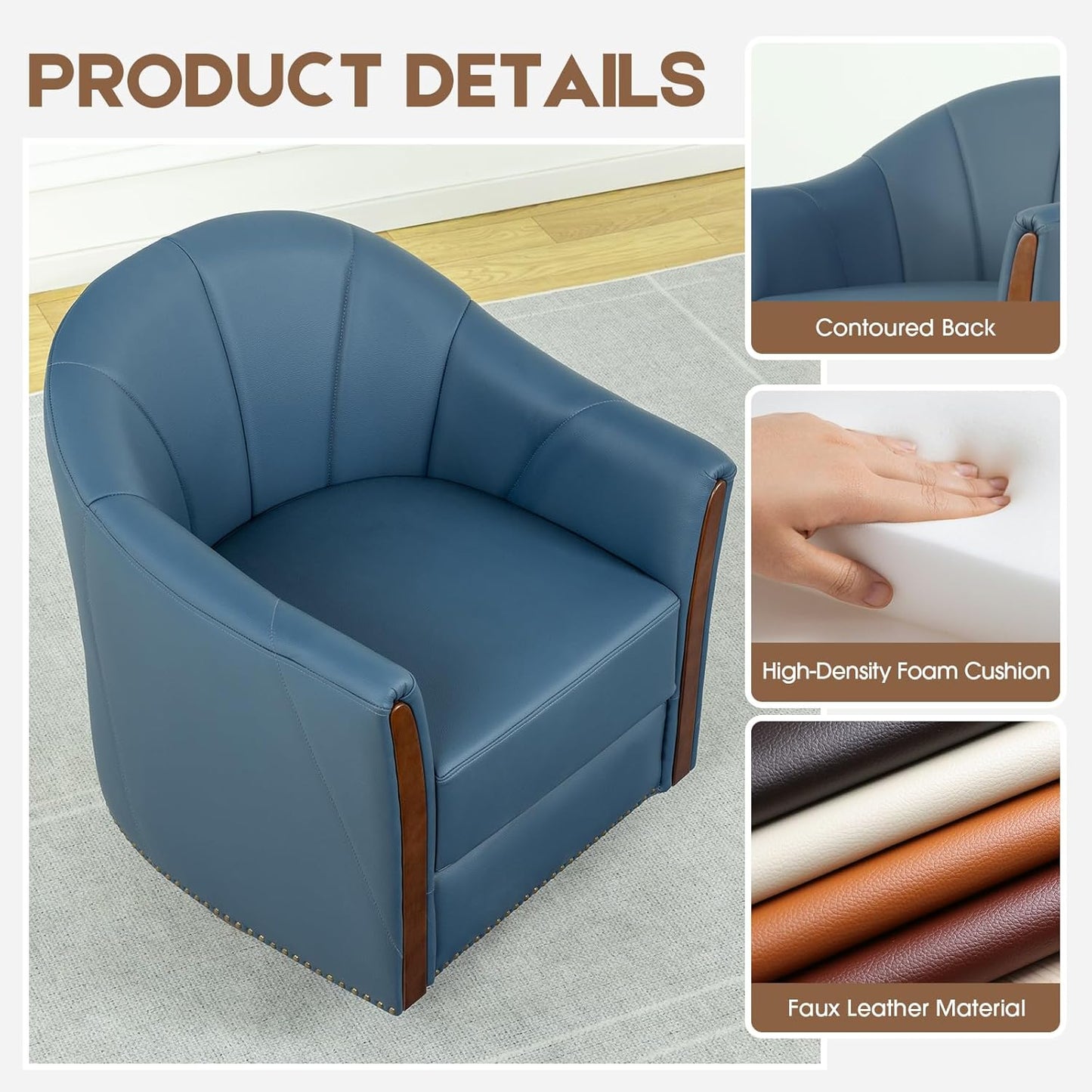 360° Swivel Accent Chair, Modern Leather Barrel Club Chair with Leather Upholstery and Sturdy Wood Base, Comfortable Armchair for Living Room, Bedroom, Reading Nook, Blue