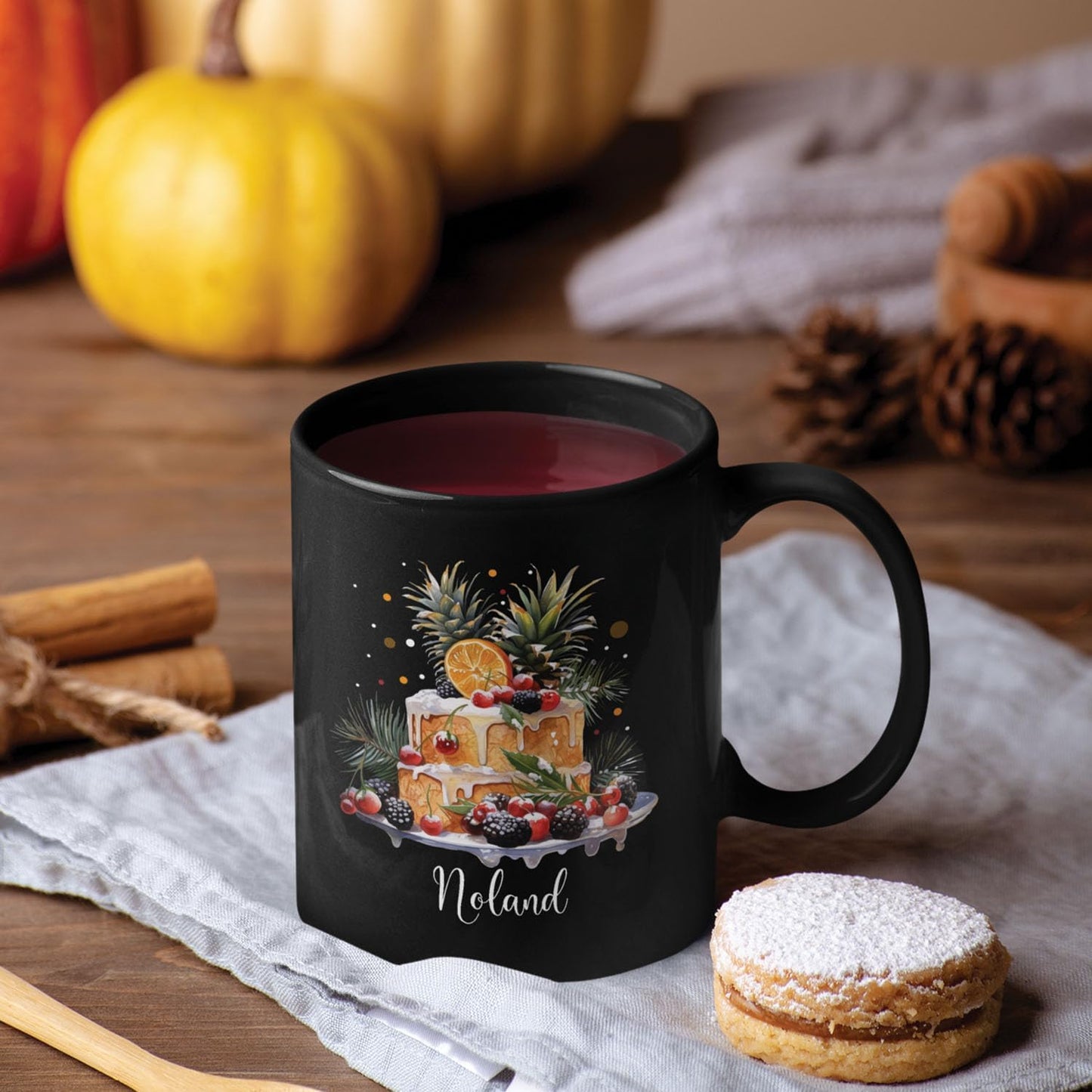 Personalized Christmas Decorative Mug - Fruit Cake Design Coffee Cup for Cake Lovers - Customized Black 11oz/15oz Cup for Daughter
