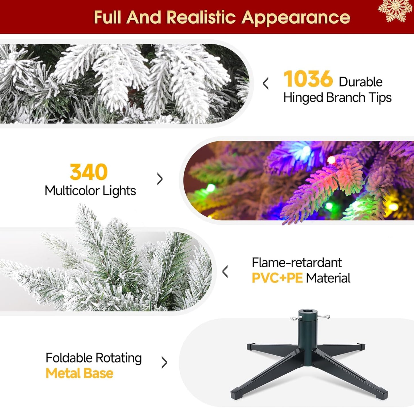 6.5ft Pre-Lit Snow Flocked Rotating Christmas Tree with 340 Multi-Color LED Lights, 1036 PE & PVC Tips - Realistic Artificial Tree for Holiday Decor