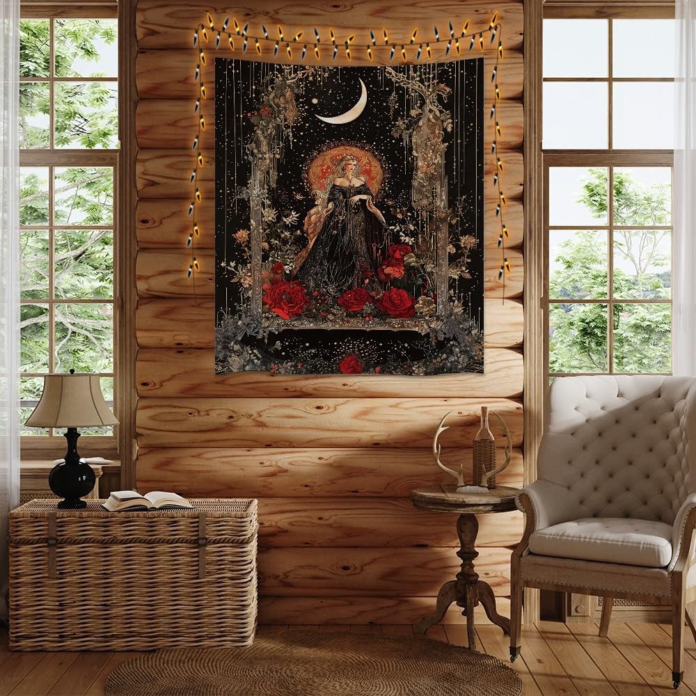 Dark Academia Moon Goddess Tapestry Gothic Fantasy Rose Wall Art Mystical Witchy Woman Print Victorian Artwork Aesthetic Tapestries Wall Hanging for Girls Room Bedroom Decor 60x80inch