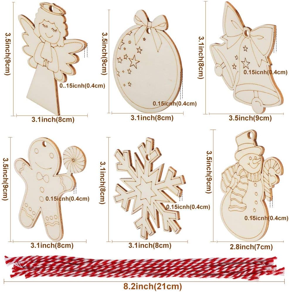 48PCS Christmas Crafts for Kids, Wooden Christmas Ornaments Unfinished Wood Slices with 6 Styles, DIY Christmas Ornaments Kits for Christmas Tree Holiday Hanging Decorations