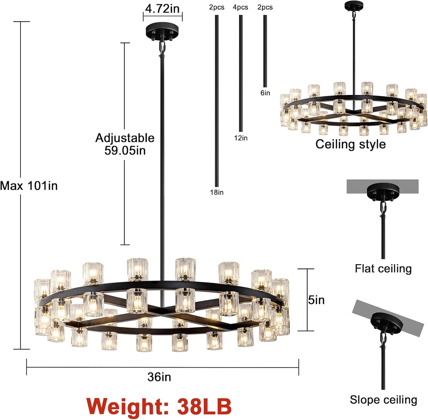Modern Black Crystal Chandelier,36" K9 Crystal Chandeliers for Dining Room Over Table,Wagon Wheel Chandeliers for Dining Room,Living Room,Foyer,Includes 36XG4 Bulbs