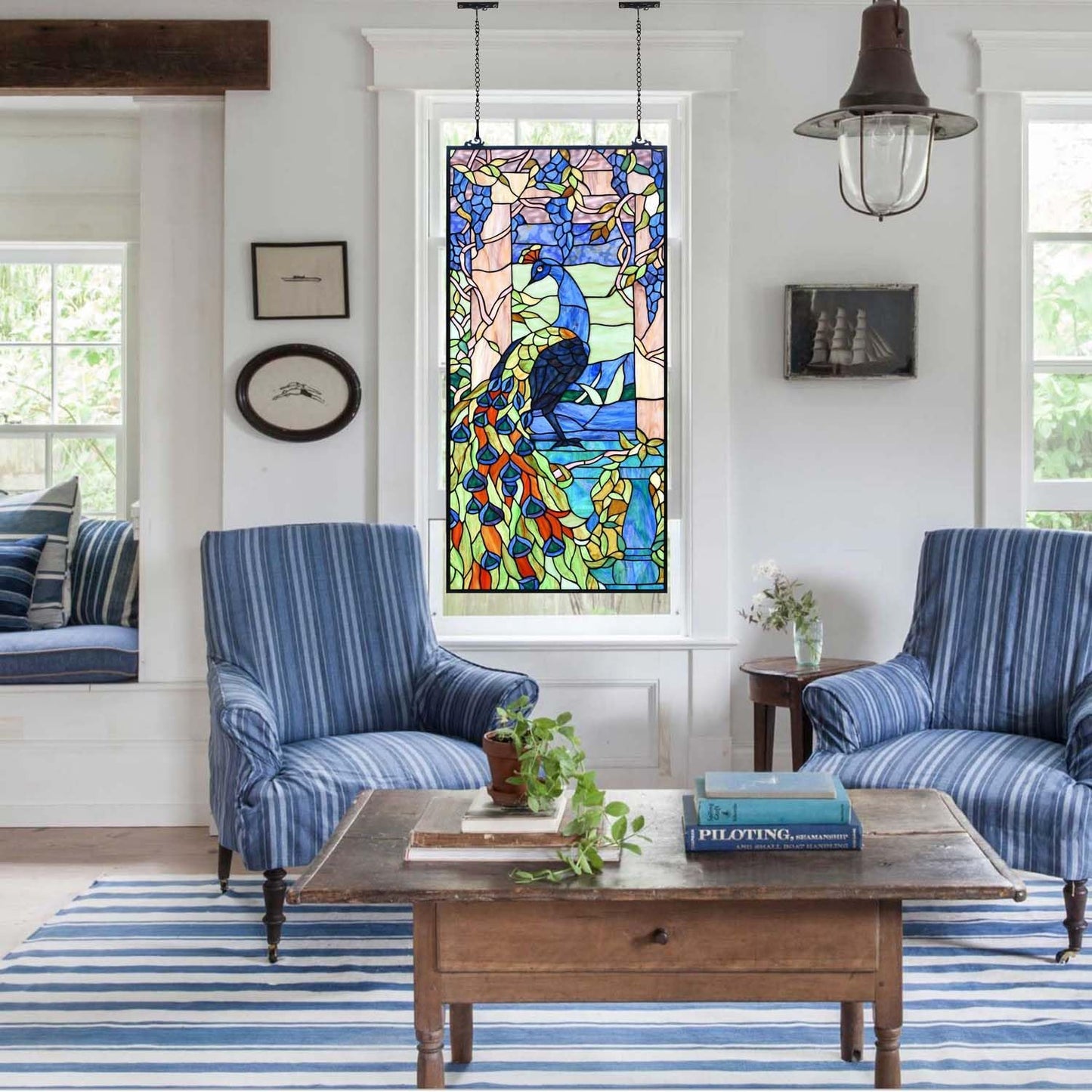 Bieye W10096 Peacock in Garden Tiffany Style Stained Glass Window Panel for Home Decor (Blue, 19.5Wx40.5H Rectangular)