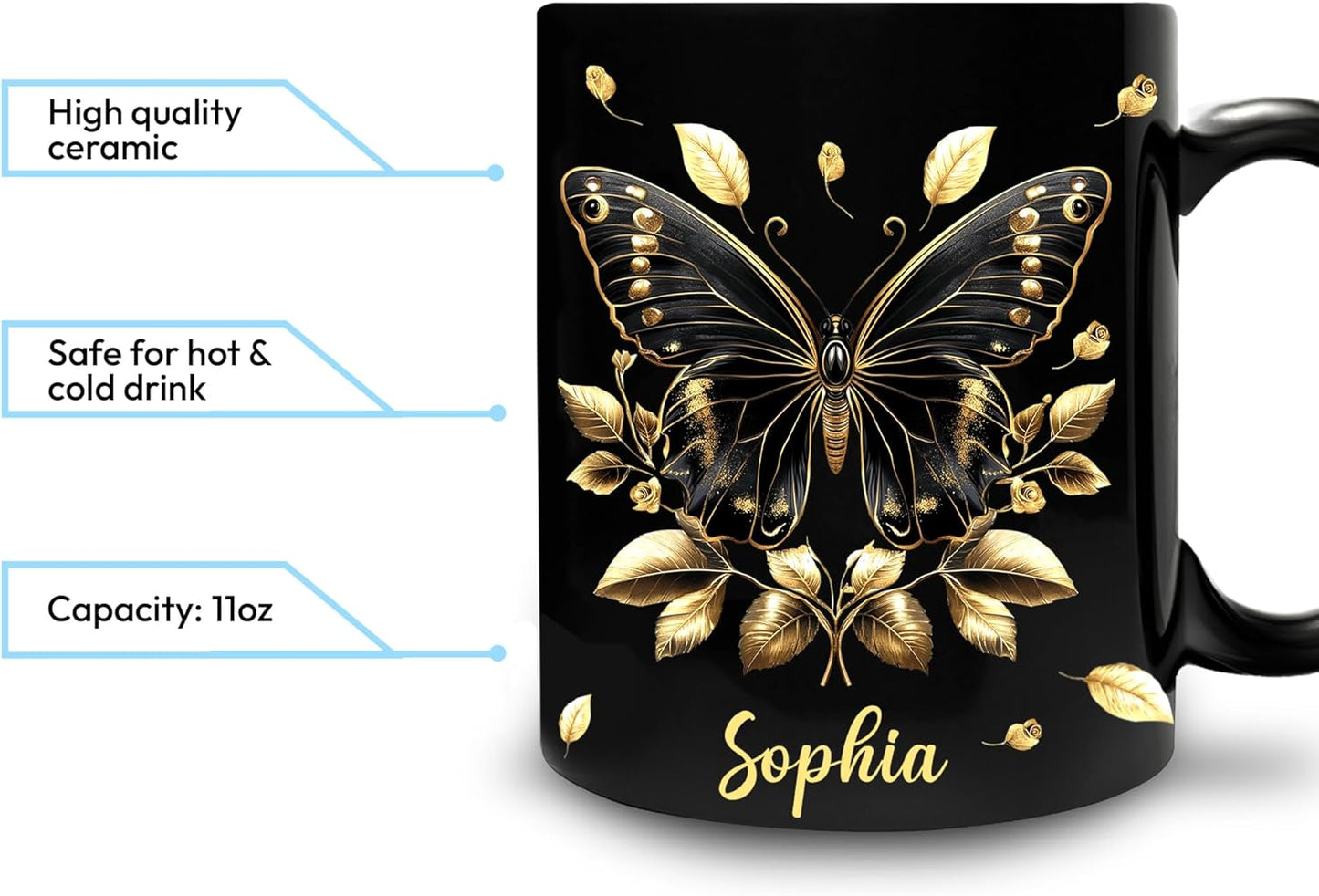 Hyturtle Personalized Yellow Butterfly Mug - Butterfly Gifts For Women Lovers - Animal Gift For Bird Lover Her - Bird Gifts For Mom on Mother Day - Custom Name Coffee Cup Ceramic Mug 11 Oz 15 Oz