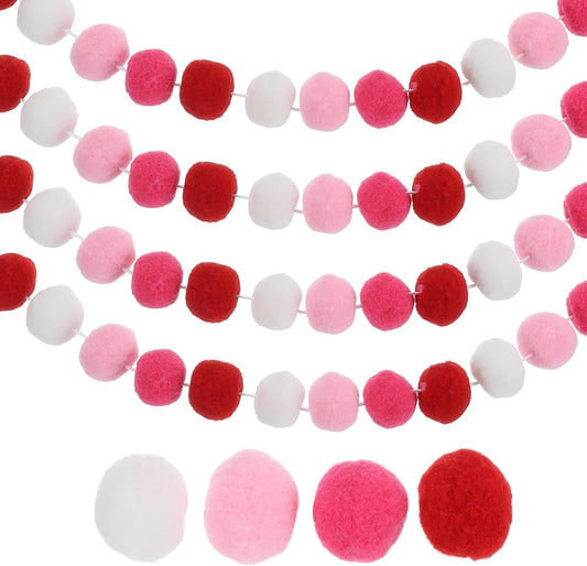 PATIKIL 26Ft Pom Pom Garland Decorations, 4Pcs Colorful Felt Ball Garland Banner Cute Rainbow Pompom Hanging Decorations for Tree Ornaments Homes Decor, Pink/White/Rose Red