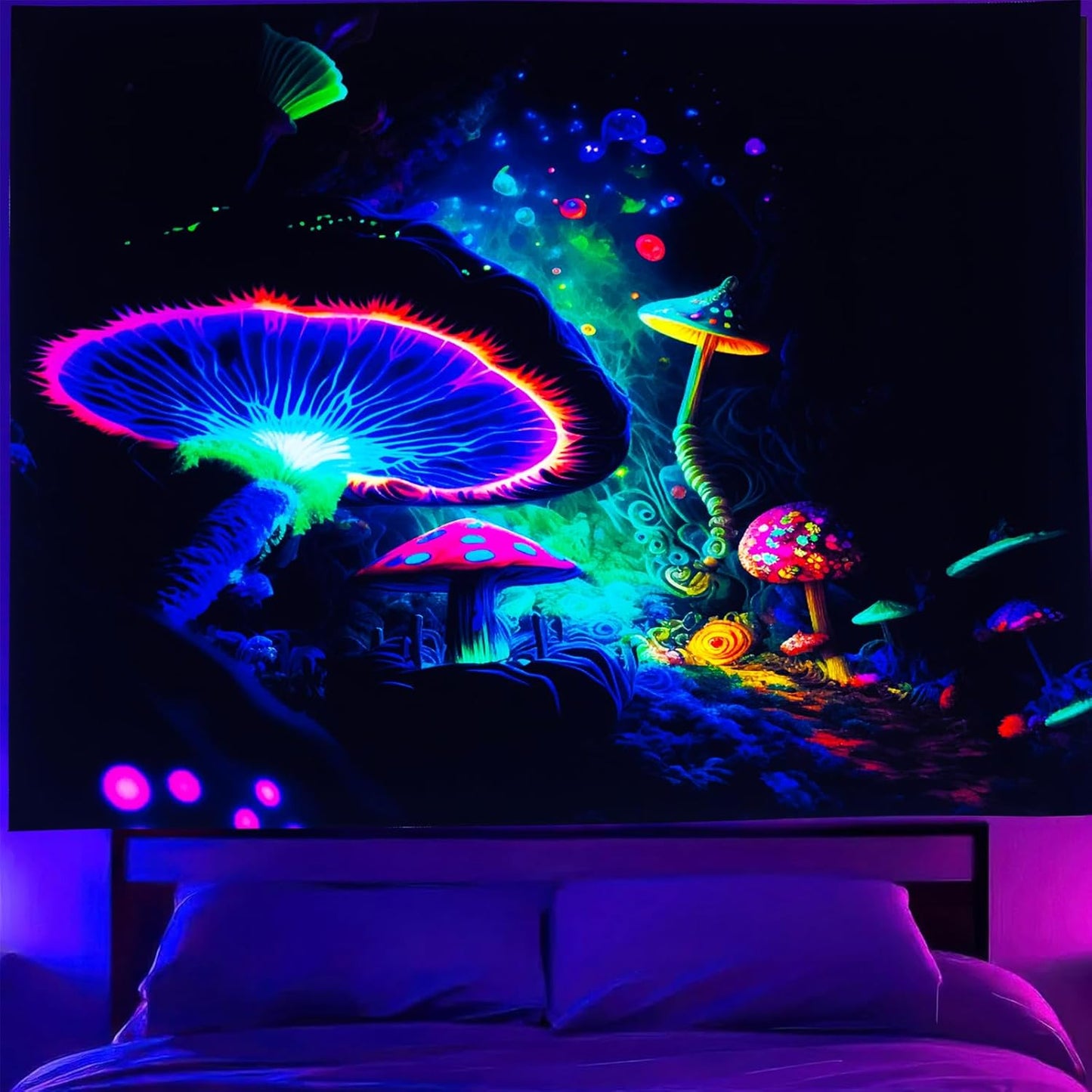 Blacklight Mushroom Tapestry Glow In The Dark Fantasy Forest Tapestry UV Reactive Magic Tapestries Wall Hanging Decor for Bedroom Dorm Living Room (35" x 47")
