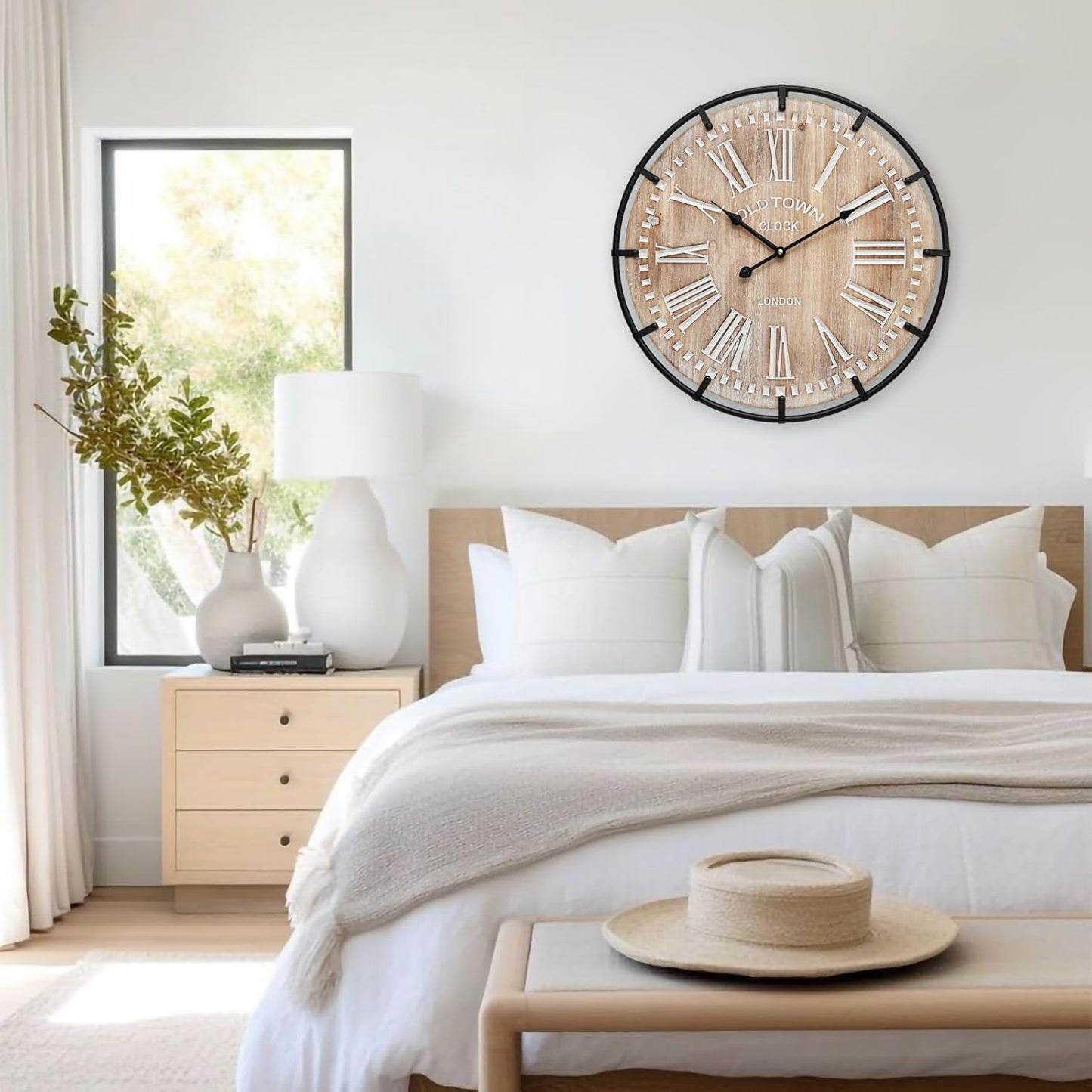 20 Inch Large Farmhouse Wall Clock, Rustic Antique Wood with Metal Circle and Large Engraved Numerals, Silent Battery Operated Wall Clock for Office Kitchen Bedroom Living Room