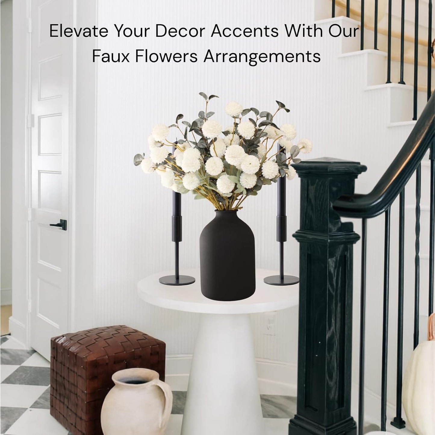 White Faux Flowers for Vase - Kiku 10 Stems & Eucalyptus, Fake Flowers Stems for Pottery Vase, Realistic Artificial Flowers, Pom Pom Balls for Aesthetic Room Decor, Floral Arrangements Centerpiece