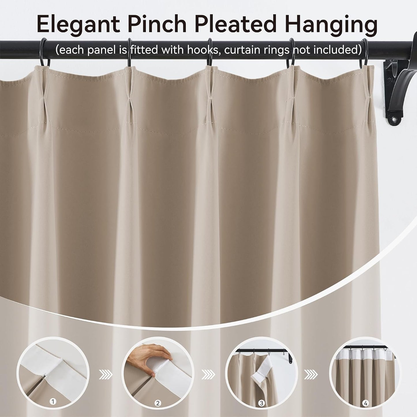 KangBang Khaki Curtains 102 Inches Long for Living Room-Pinch Pleated Blackout Solid Thermal Insulated Window Treatment Room Darkening Drapes for Apartment Hotel with Hooks(40”Wx102”L, Taupe,2 Panels)