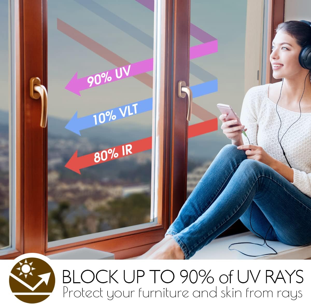 HIDBEA One Way Privacy Window Film, Daytime Mirror Reflective Heat Control UV Sun Blocking Non-Adhesive Static Cling Window Tint for Home and Office (Brown-Silver, 35.4 Inch x 32.8 Feet)