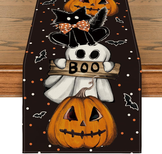 Artoid Mode Polka Dot Ghost Pumpkin Cat Boo Halloween Table Runner, Bat Seasonal Fall Kitchen Dining Table Decoration for Home Party Decor 13x36 Inch