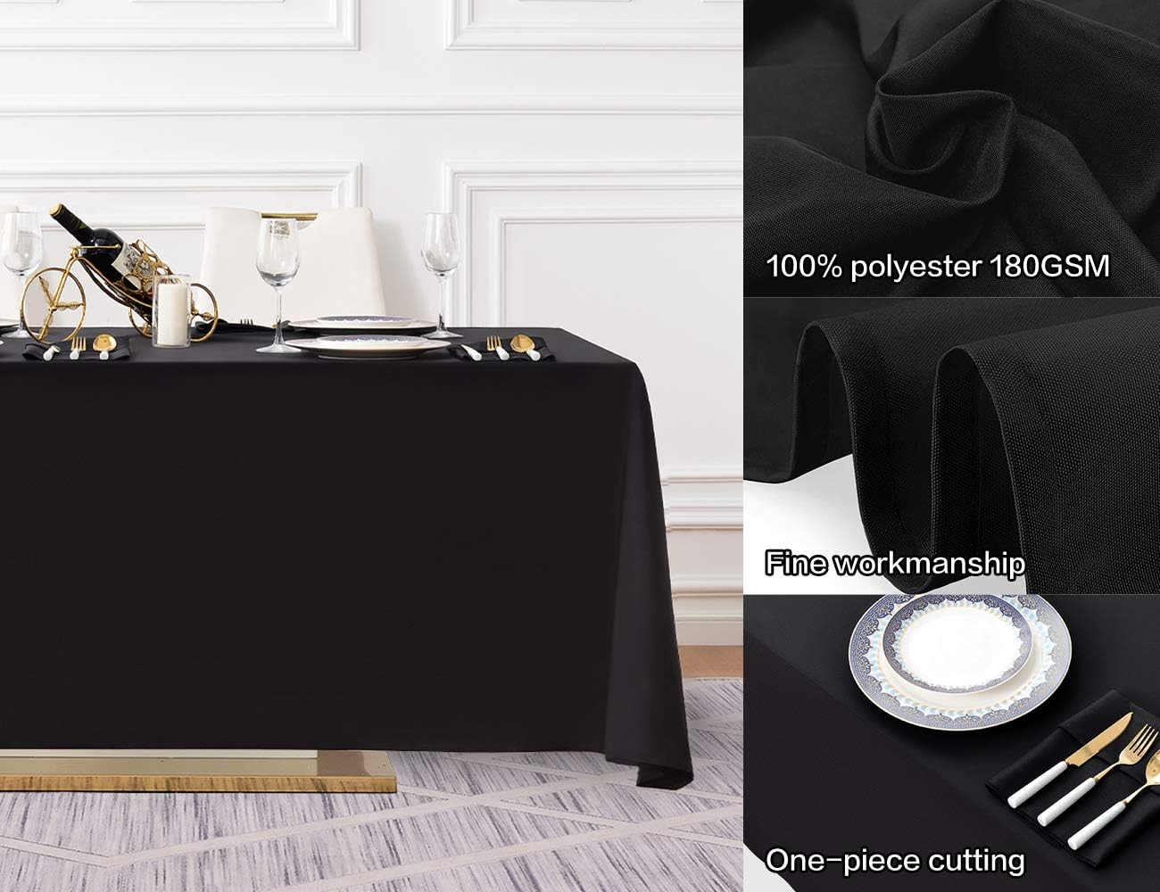 Surmente Black Tablecloth 90 x 132-inch Rectangular Polyester Table Cloth for Weddings, Banquets, or Restaurants